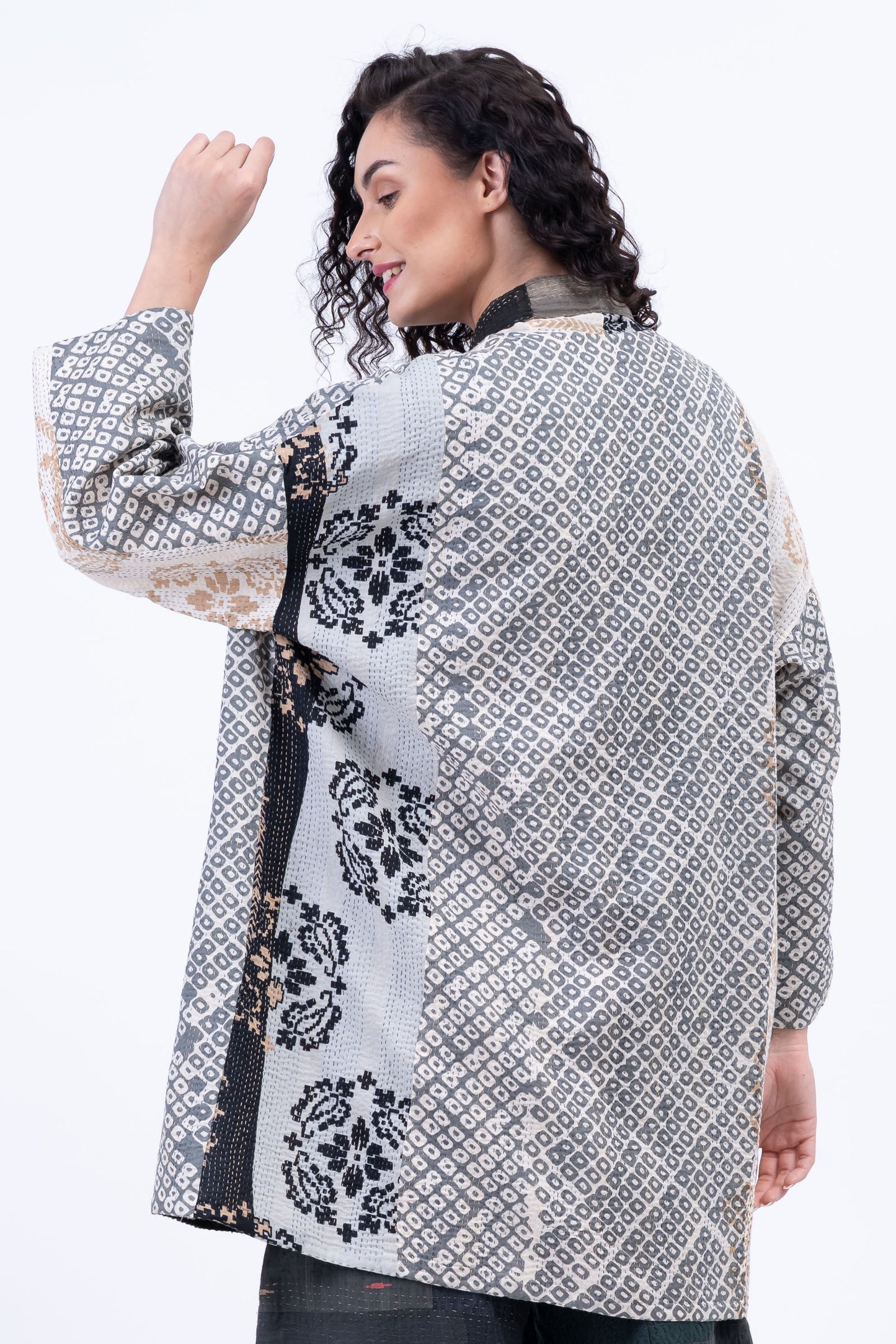 KIMONO COTTON KANTHA HAORI JACKET - kc2068-gry -