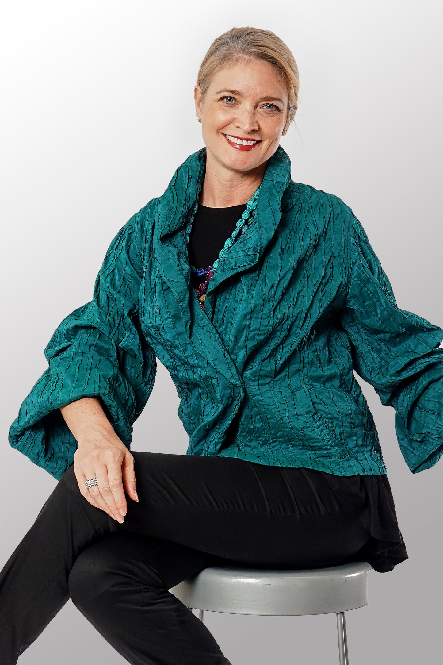 DYED COTTON SILK HEAVY VOILE RANDOM TUCK PUFF SLV. JACKET - dr1077-grn -