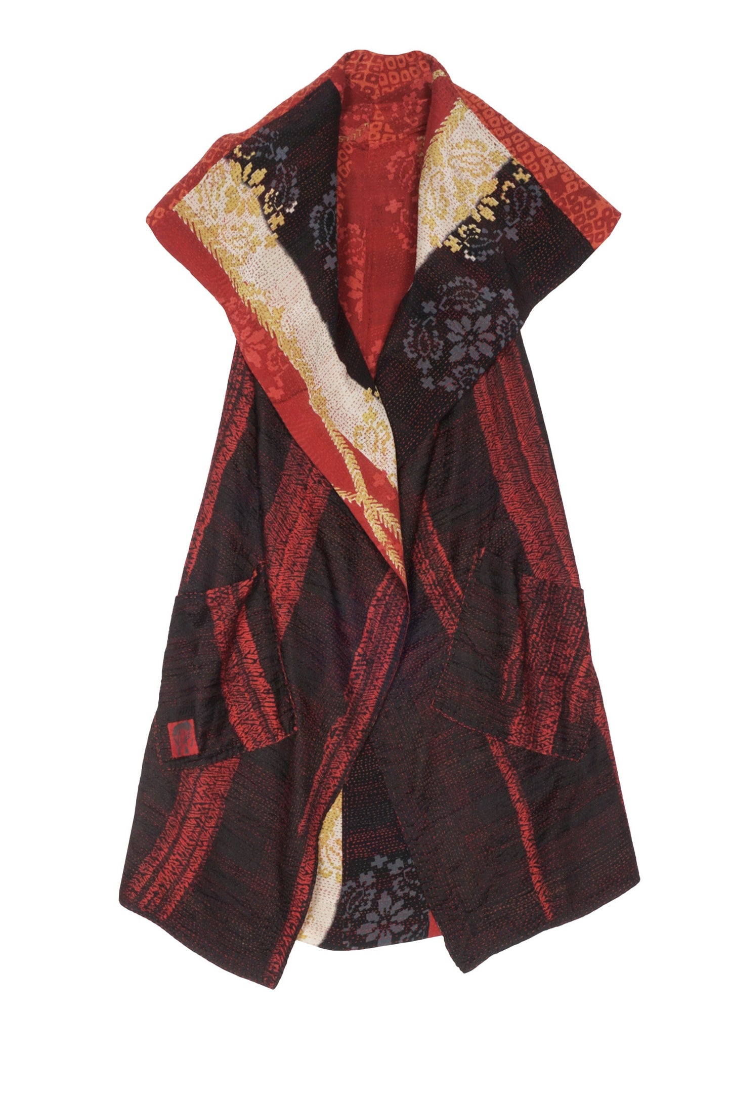 KIMONO PRINT KANTHA CIRCULAR VEST - kp2201-red -