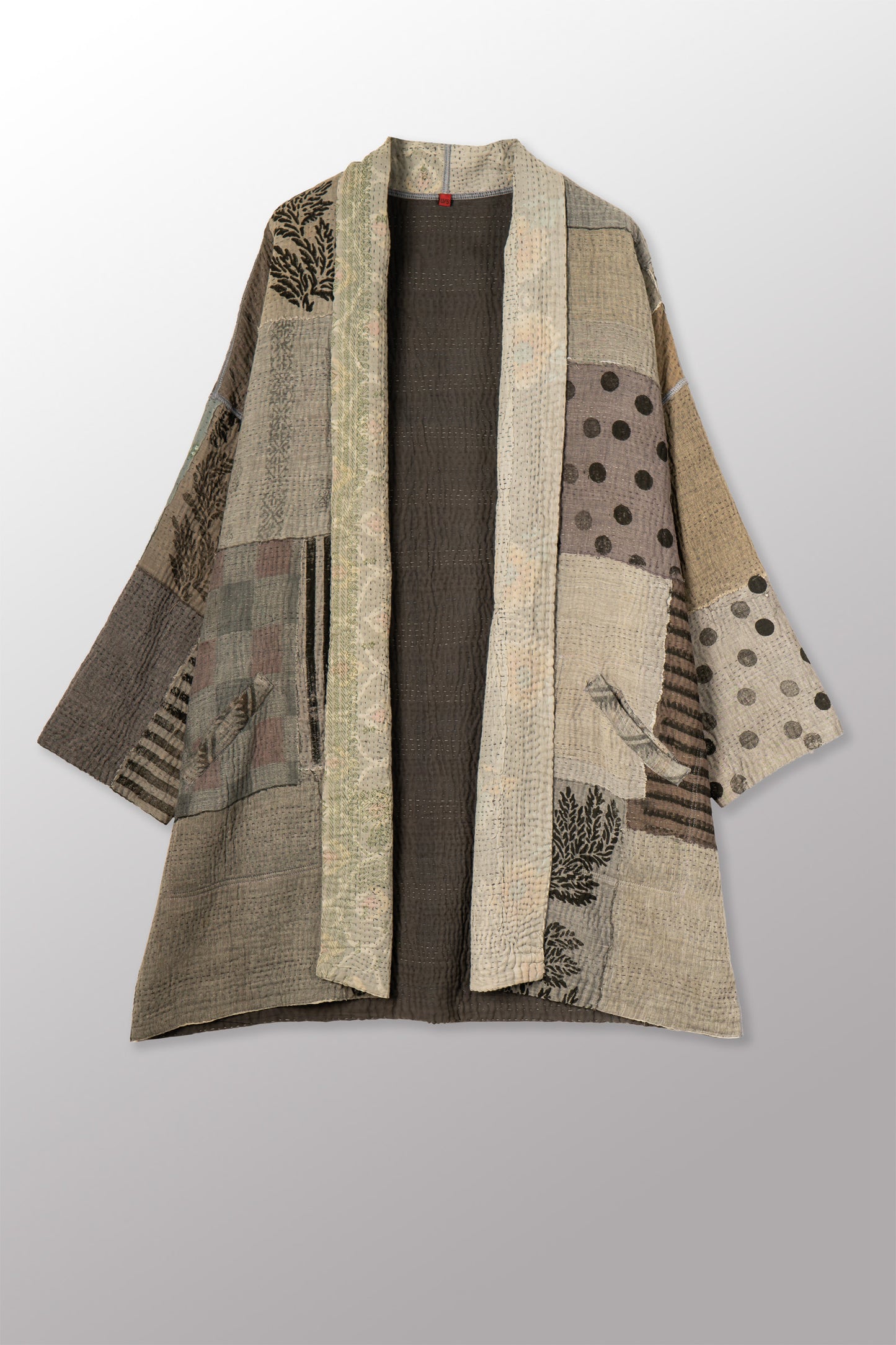 FRAYED PATCH KANTHA WITH STAMP HAORI JACKET - sp-fi4068-gry -