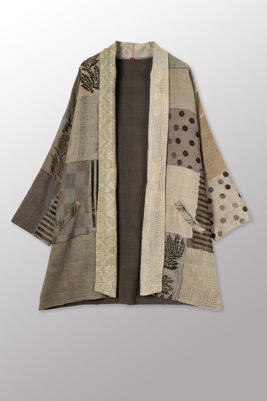 FRAYED PATCH KANTHA WITH STAMP HAORI JACKET - sp-fi4068-gry -