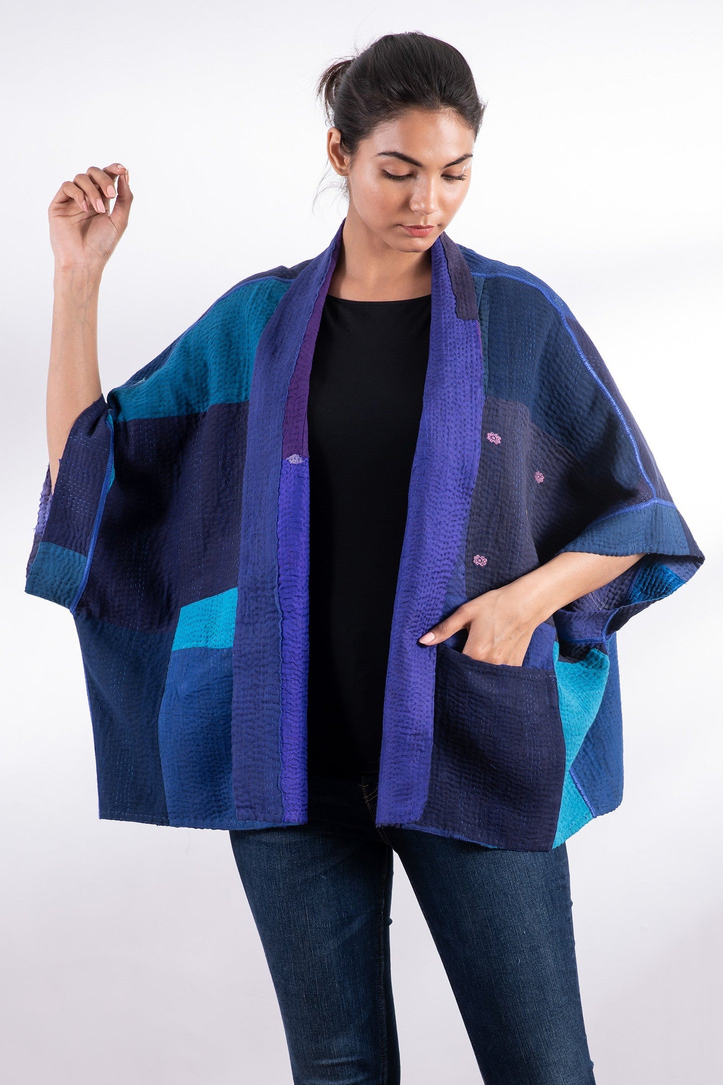 STRIPE AND CHECK COTTON SILK PATCH KANTHA MINI PONCHO - ss4060-blu -