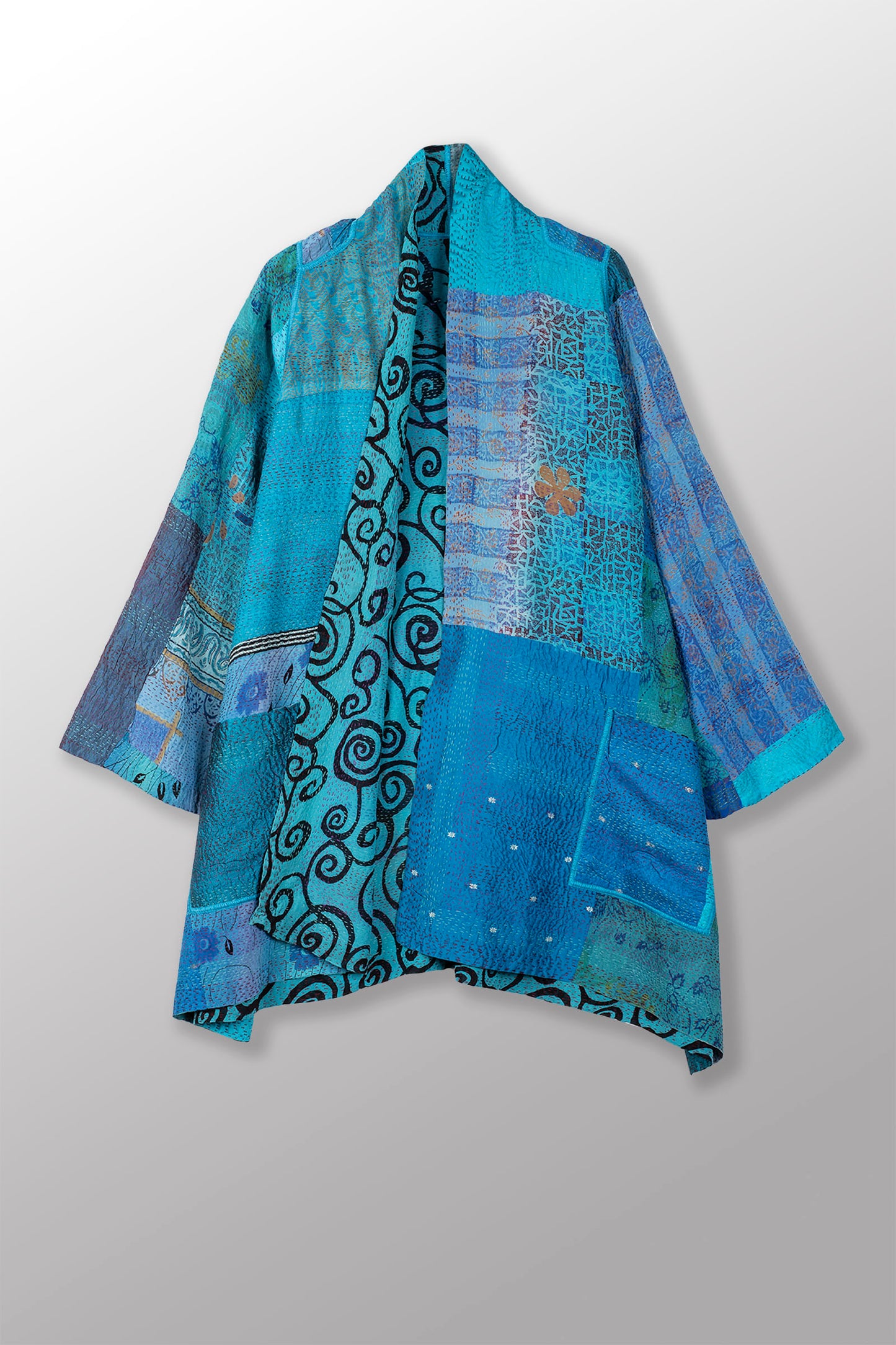 GEORGETTE VINTAGE SILK PATCH KANTHA A-LINE JKT - gs2003-tuq -
