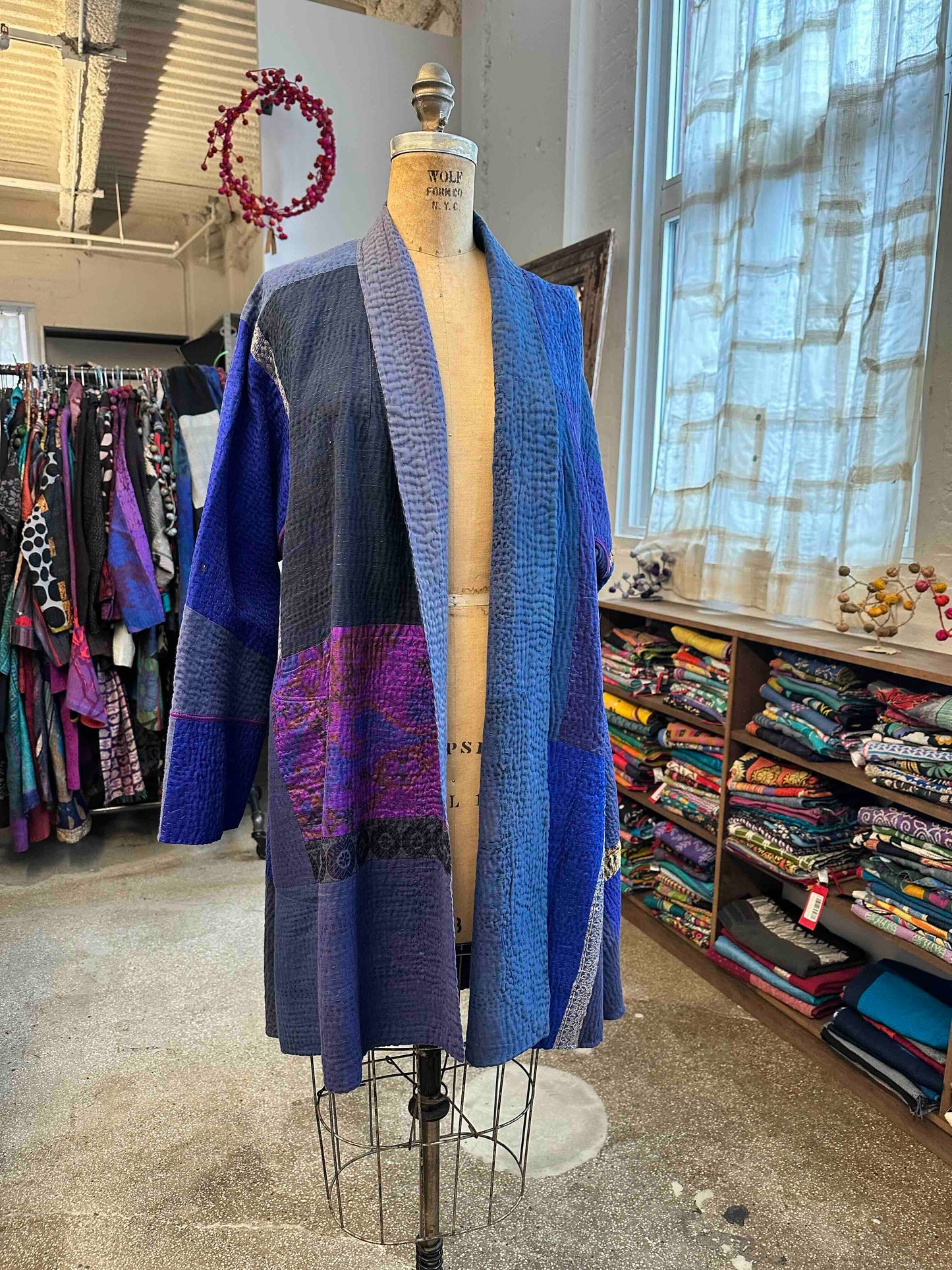 COTTON SILK SW PATCH KANTHA KIMONO LONG JKT - ws4005-blu -