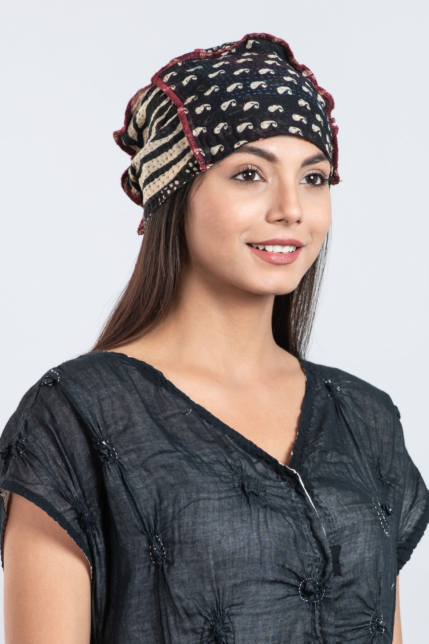 PATCHED PRINT KANTHA PATCHWORK HAT - pp2880-blk -
