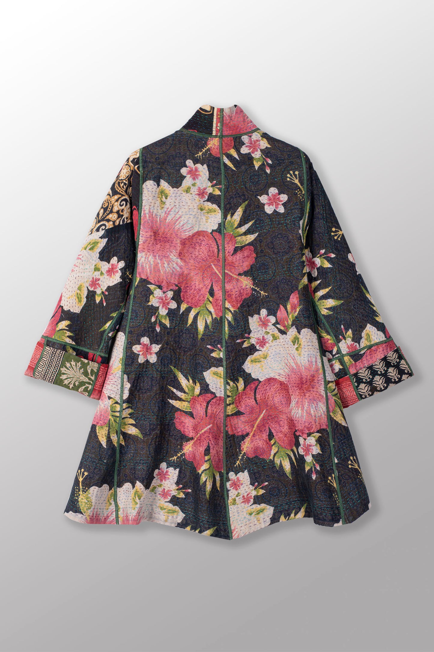 VINTAGE COTTON KANTHA FLARE LONG JACKET - cv4021-0052s -