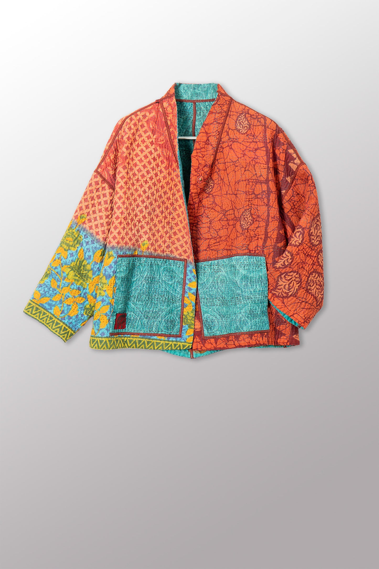 VINTAGE COTTON KANTHA STAND COLLAR CROPPED JKT - cv4034-0162a -