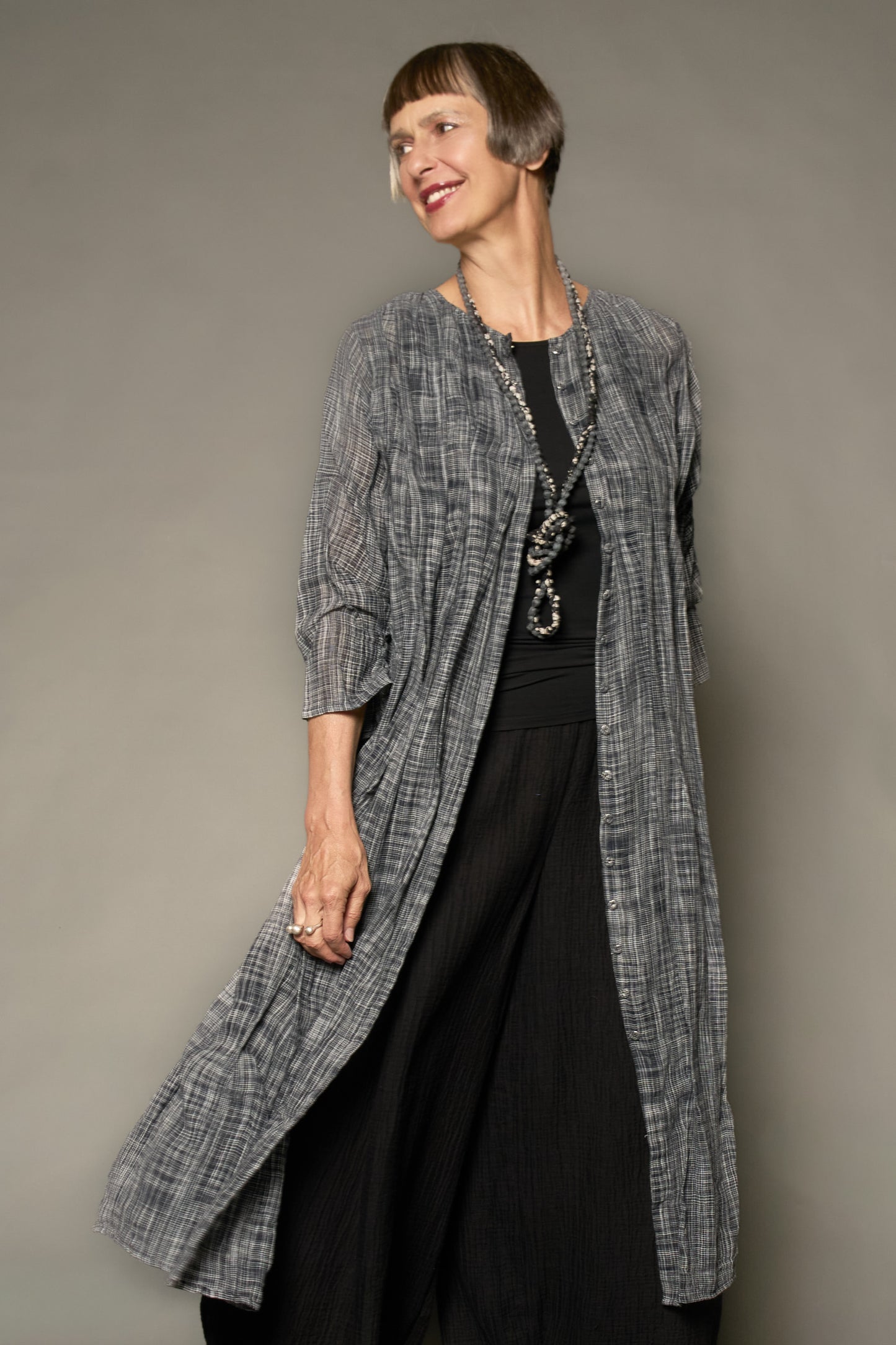WOVEN TWO TONE COTTON WAVY TUCK TUCK CROPPED SLV. DRESS - wt1434-blk -
