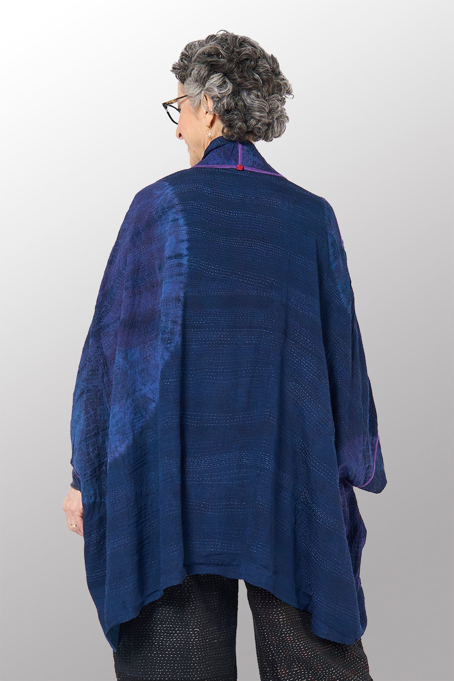 SHIBORI TIE DYE GEORGETTE VINTAGE SILK PATCH KANTHA DOUBLE COLLAR PONCHO - st-gs2323-nvy -