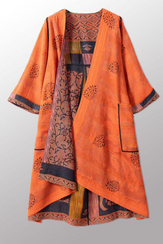 VINTAGE COTTON & NEW VOILE KANTHA WRAP FLARE COAT - cn2330-0001a -