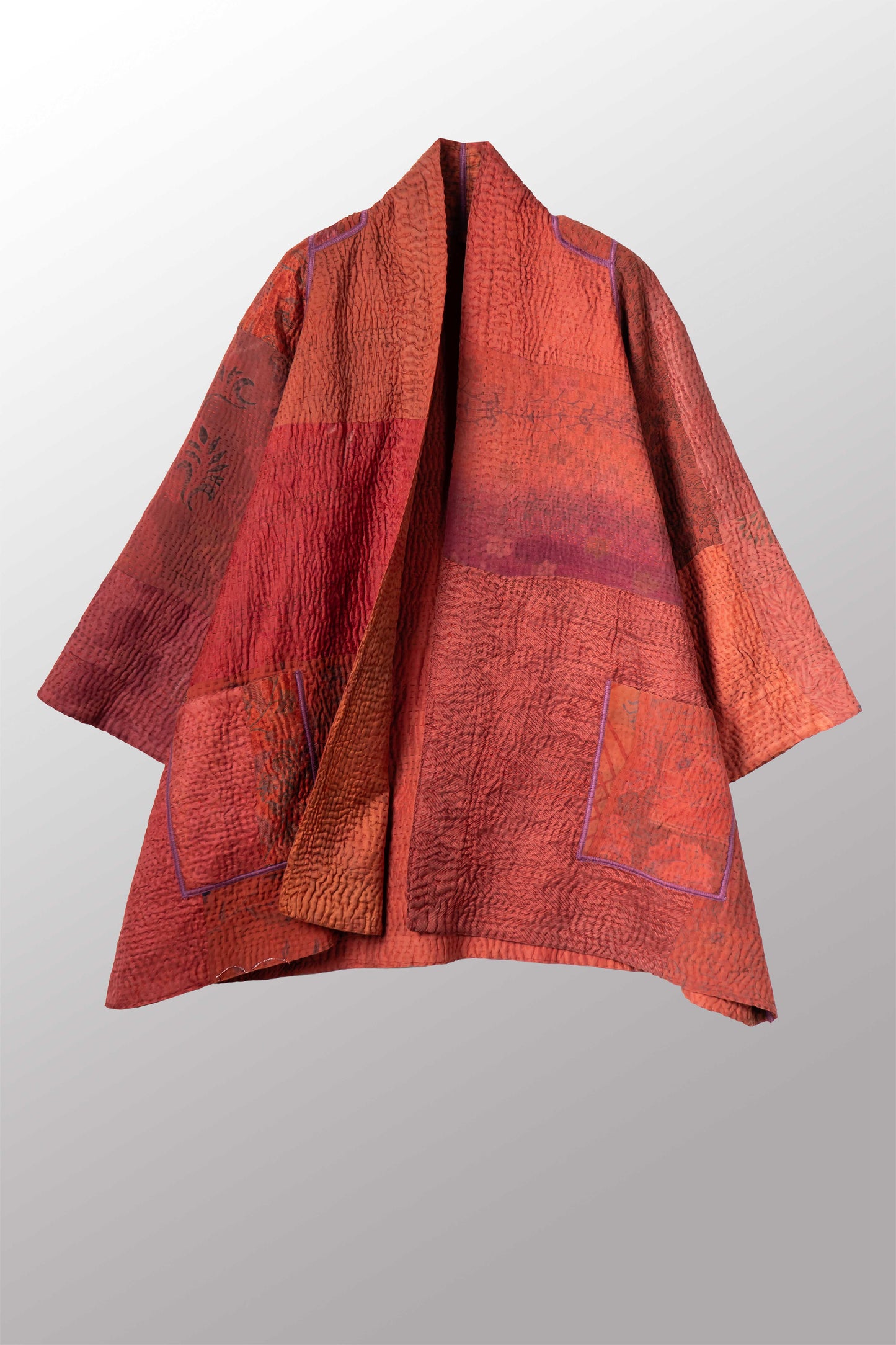 GEORGETTE JACQUARD VINTAGE SILK PATCH KANTHA A-LINE JACKET - gj4003-org -
