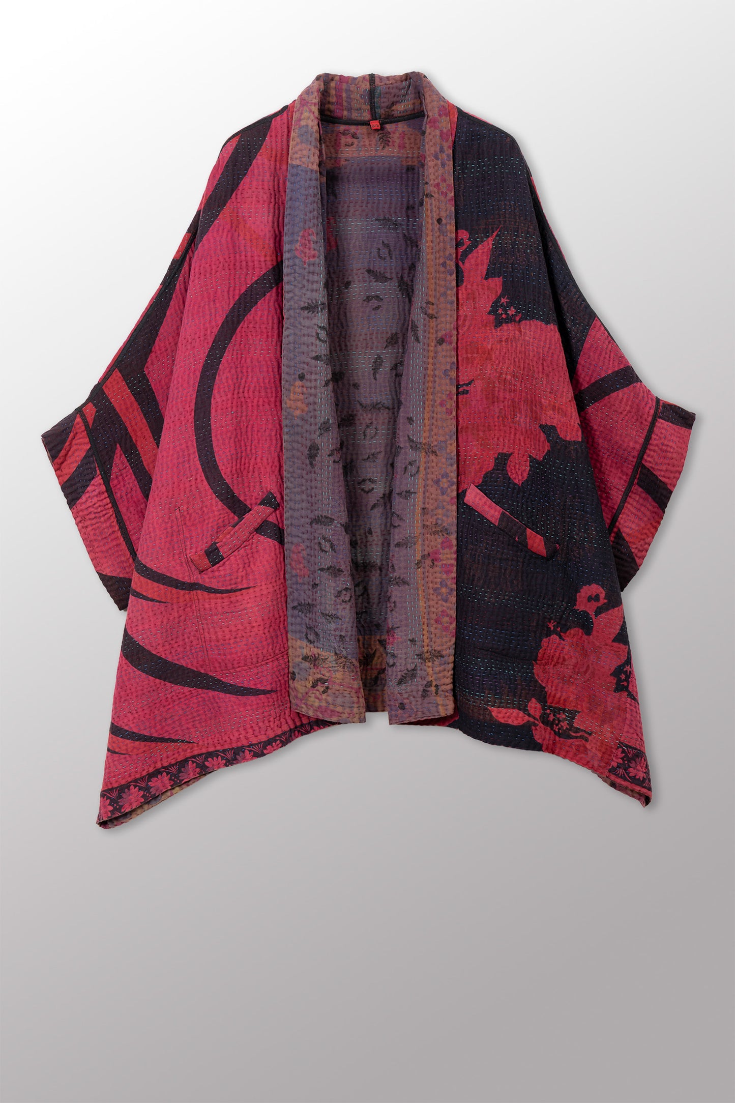 VINTAGE COTTON KANTHA DOUBLE COLLAR PONCHO - cv4323-0059a -
