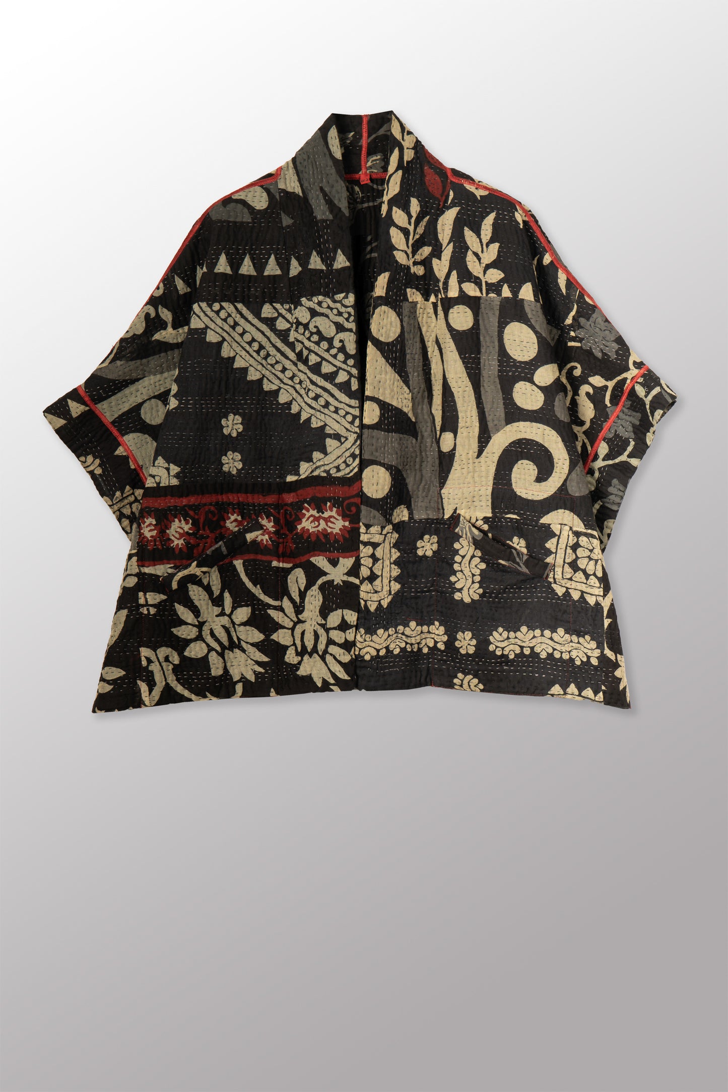 BLACK AND WHITE PRINT PATCH KANTHA MINI PONCHO - pn4060-red -