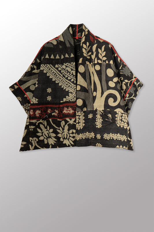 BLACK AND WHITE PRINT PATCH KANTHA MINI PONCHO - pn4060-red -