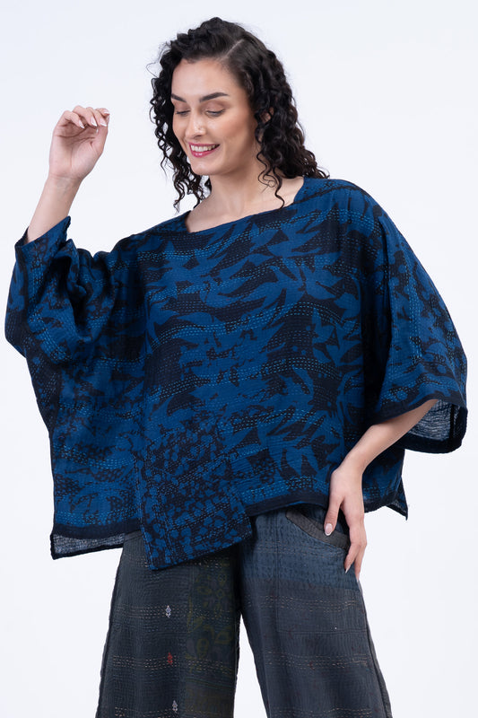 MONOTONE TWILIGHT PRINT KANTHA 3/4 SLV. CROP TOP MIO - tp2538-nvy -