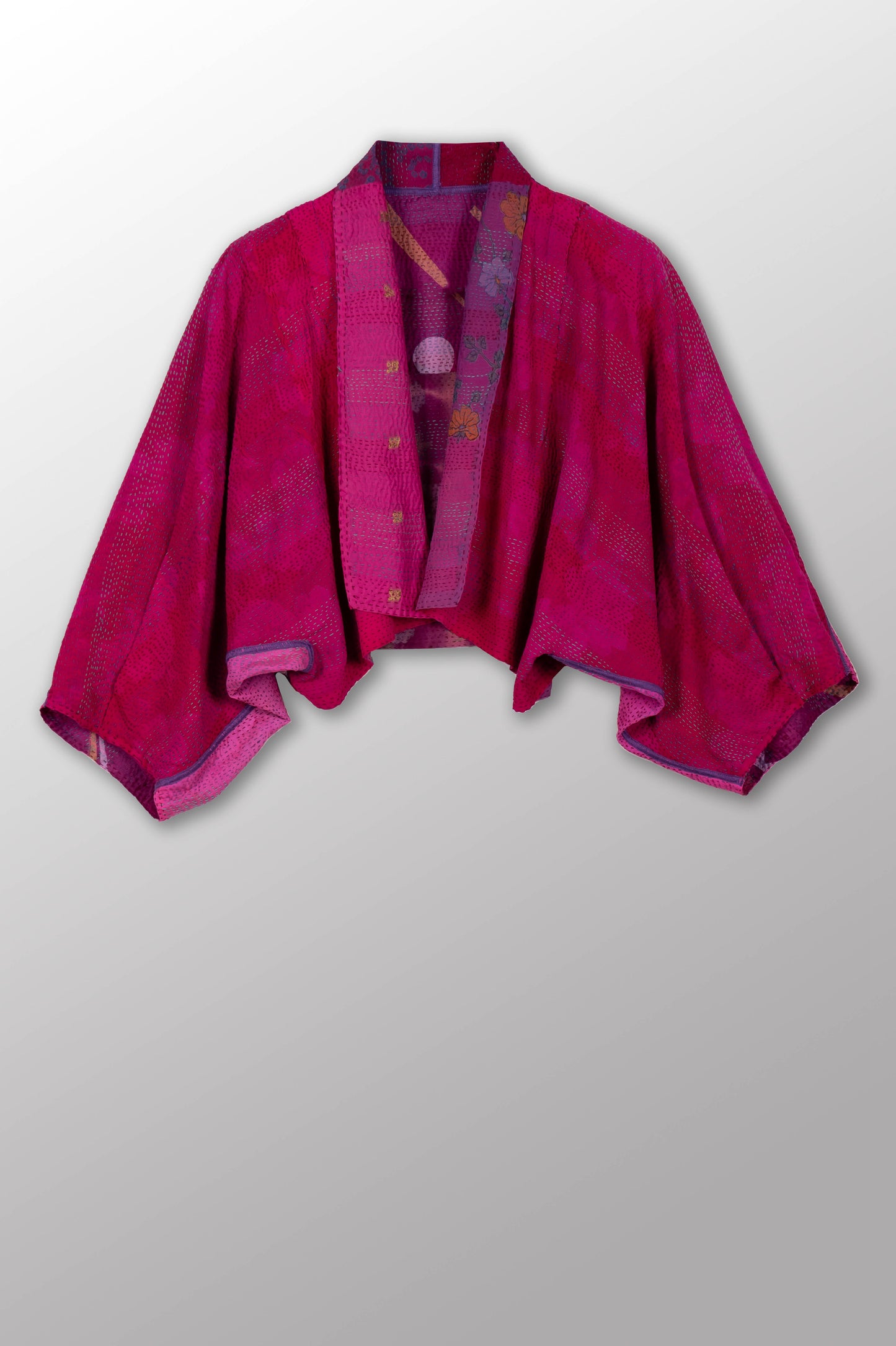 GEORGETTE VINTAGE SILK PATCH KANTHA PUFF SLV. SHRUG - gs2062-pik -
