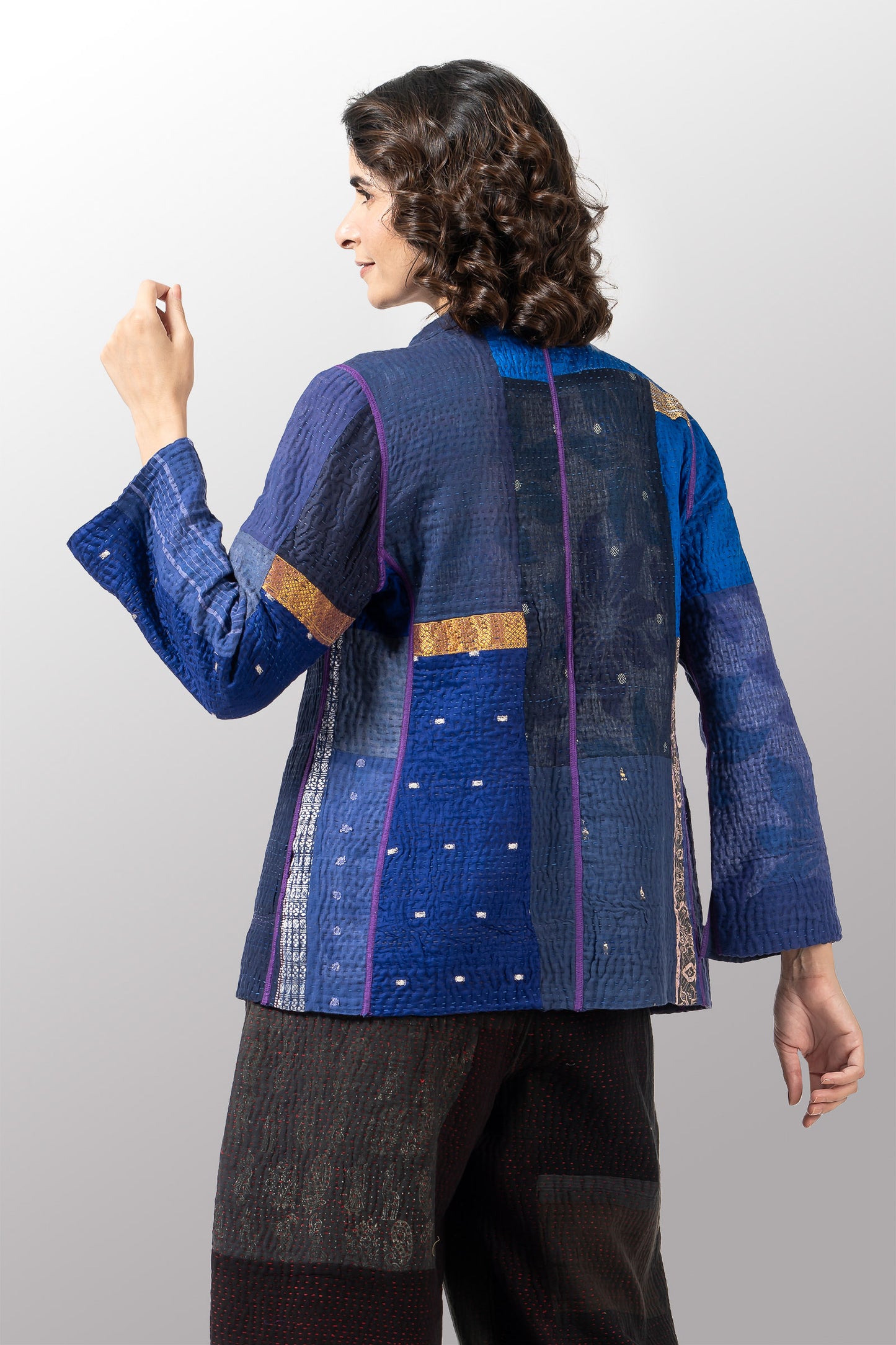 COTTON SILK SW PATCH KANTHA SHORT JKT - ws4007-nvy -