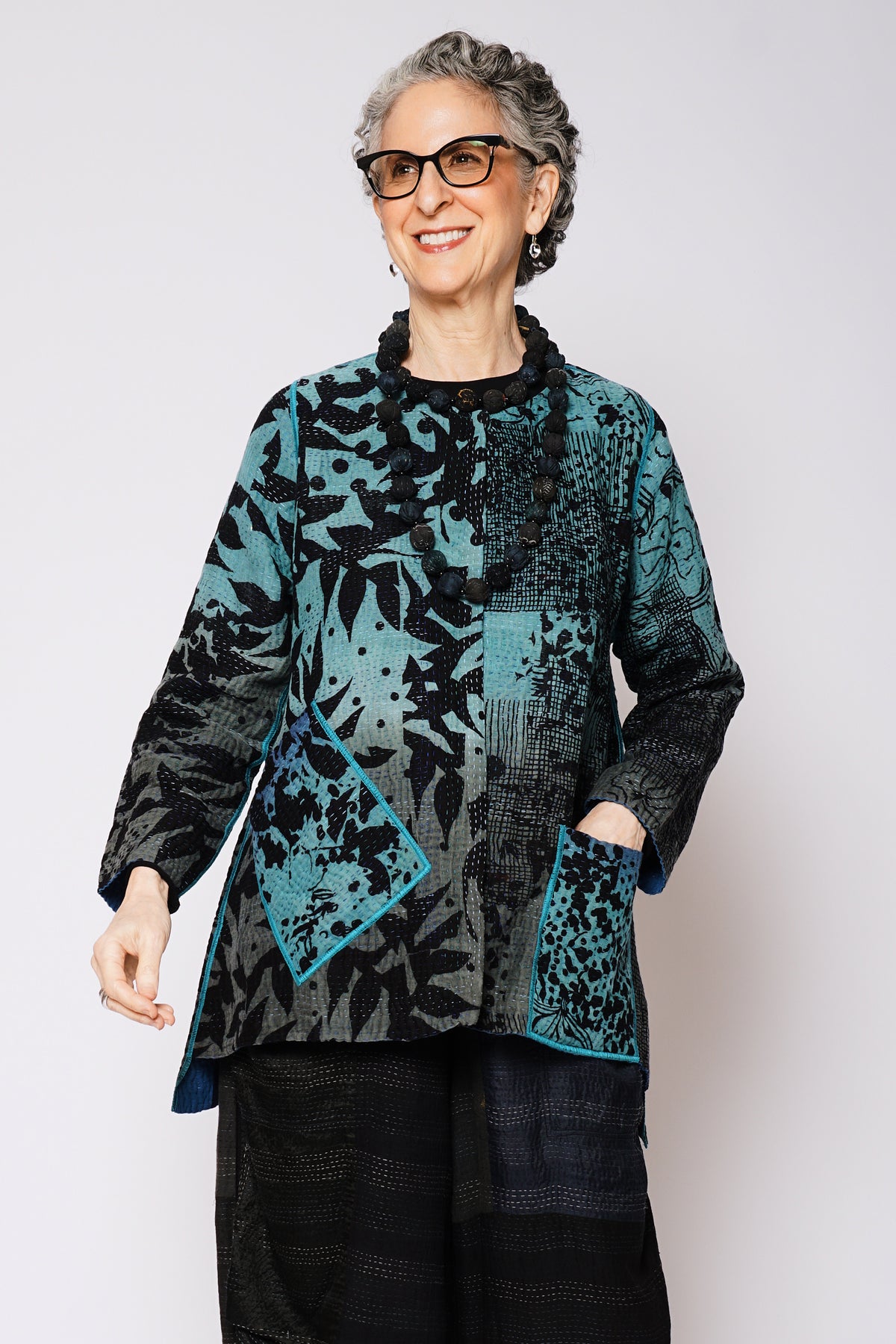 MONOTONE TWILIGHT PRINT KANTHA CREW NECK POCKET JKT - tp4025-blu -