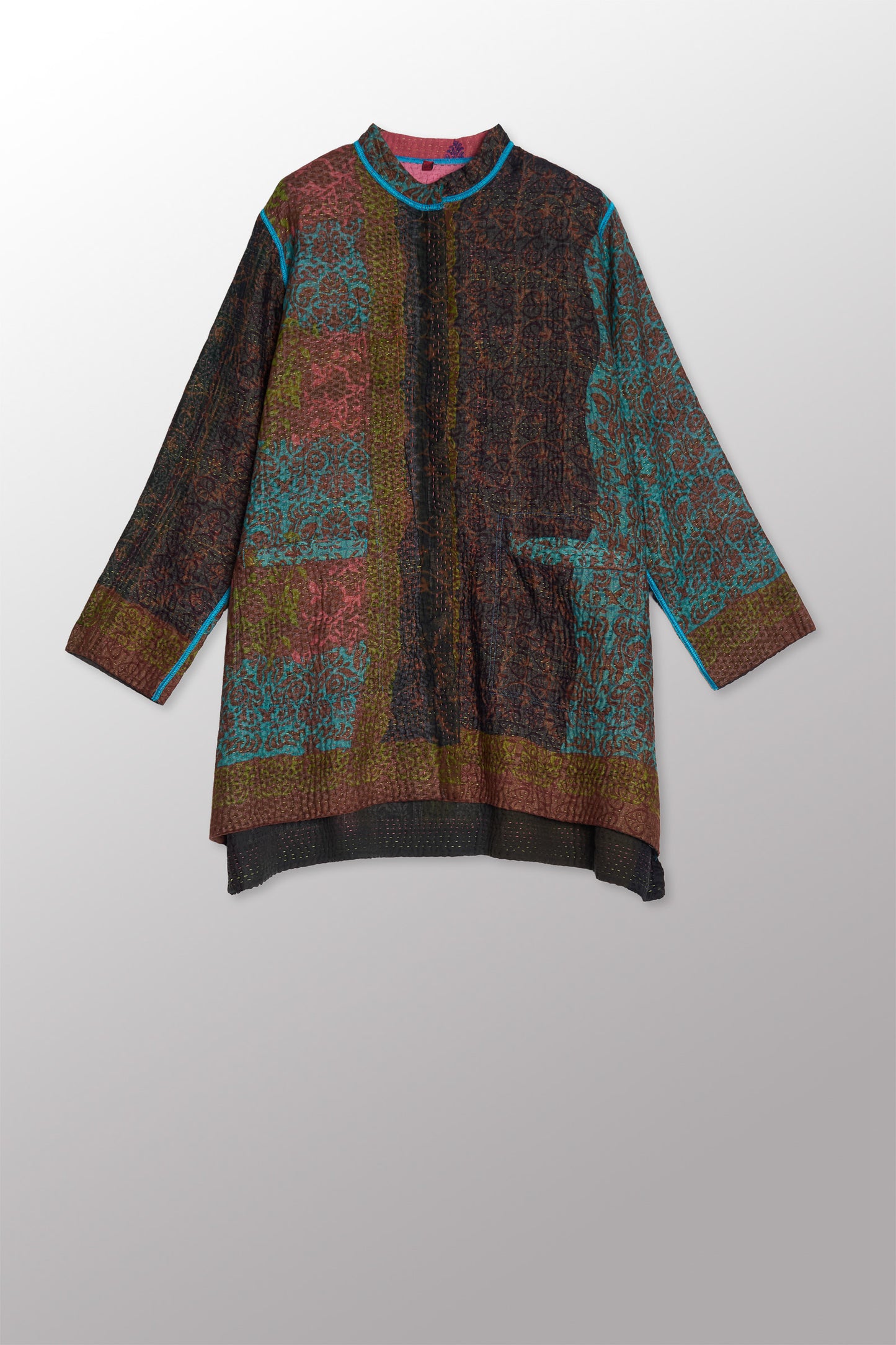 BAGH PRINT KANTHA KAFTAN JACKET MEDIUM - bg4089-brn -