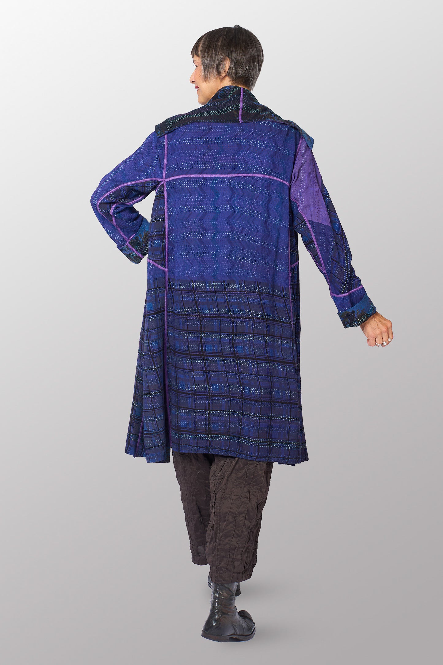 VINTAGE SILK GEORGETTE COTTON KANTHA A-LINE COAT - gc2309-0002a -