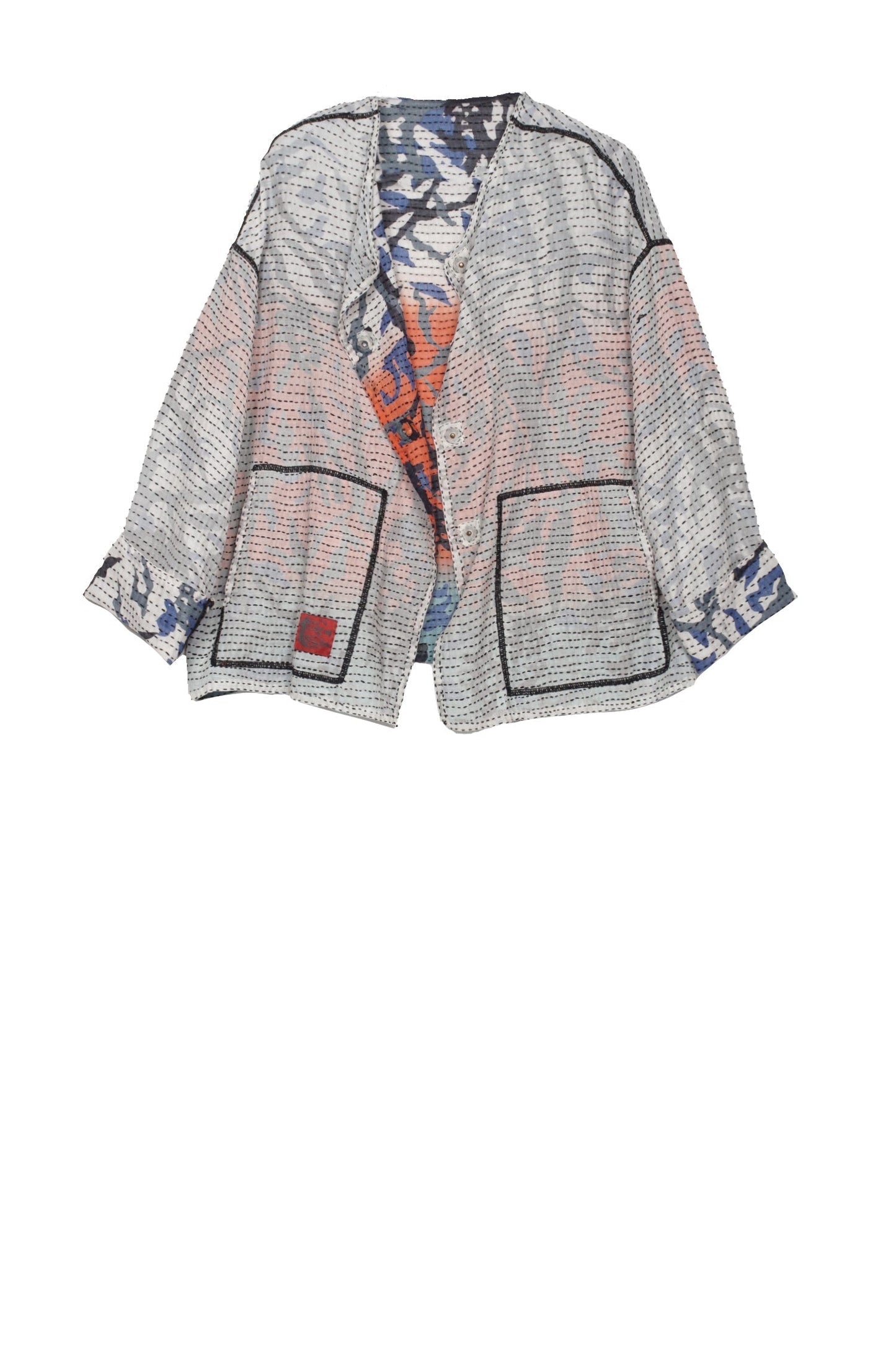 SUMMER BREEZE PRINT KANTHA CREW NECK SHORT JKT - sz2053-blu -