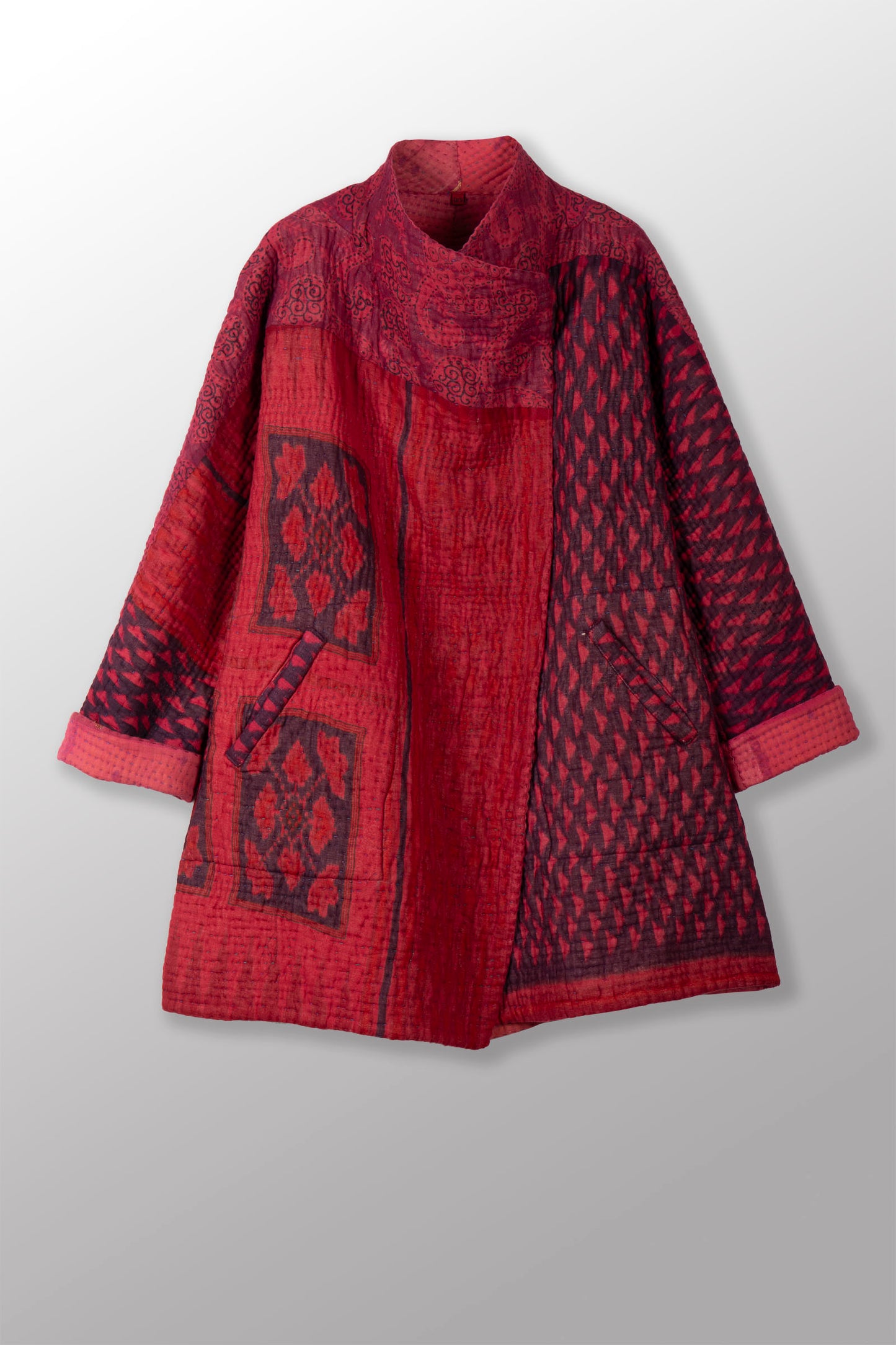 QUILTED OVERDYE COTTON KANTHA FUNNEL COLLAR COAT - oq5312-cred003a -