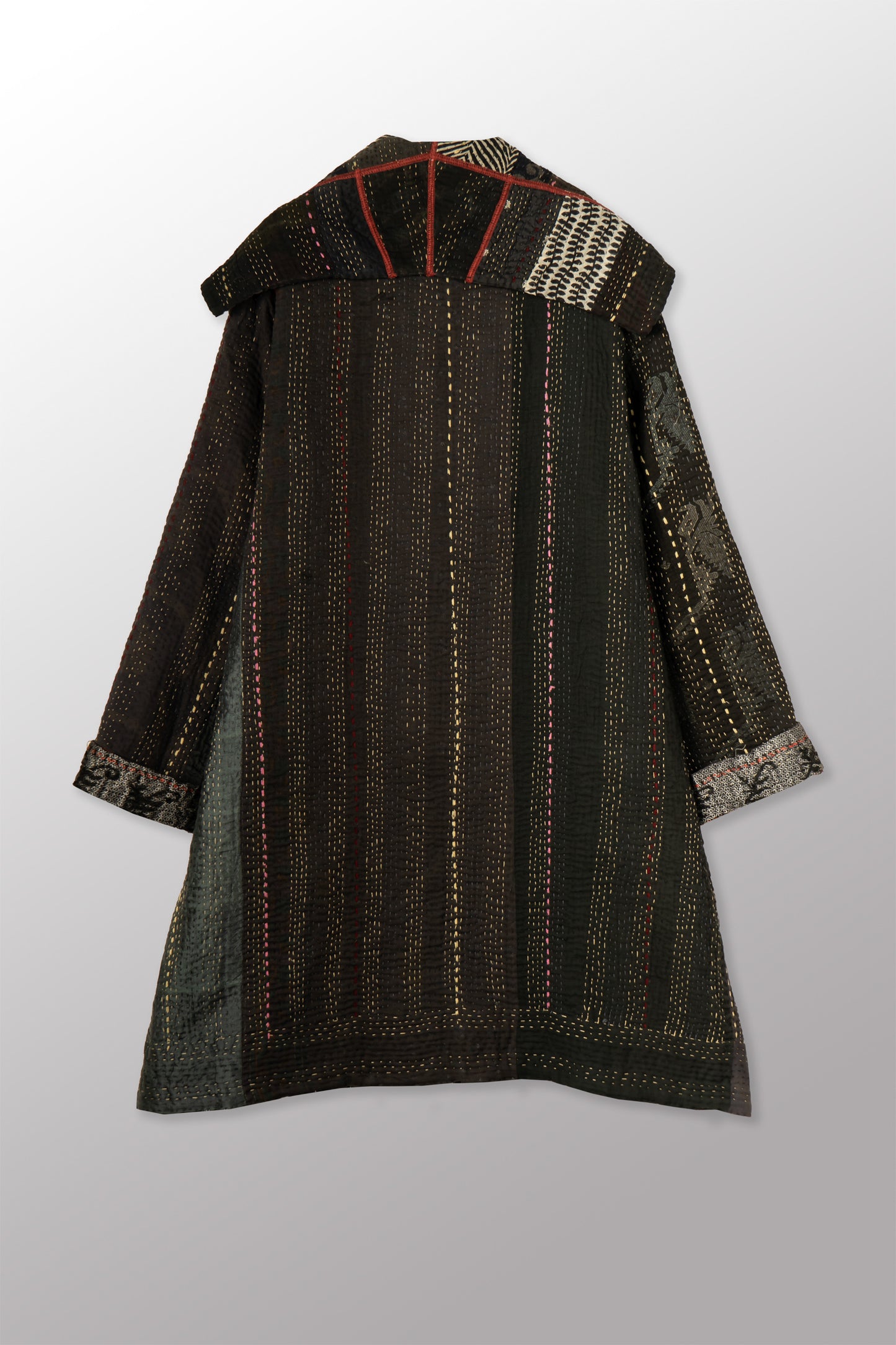 STRIPE RALLIS KANTHA POCKET MEDIUM COAT - pr4316-blk -