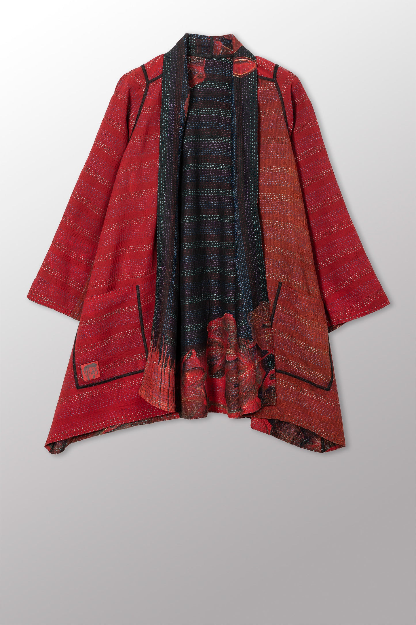 VINTAGE SILK GEORGETTE COTTON KANTHA A-LINE JKT - gc2003-0039a -