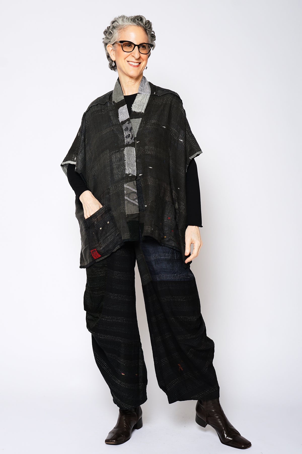 TONAL TILE PATCH KANTHA PONCHO TOP - tt2568-gry -