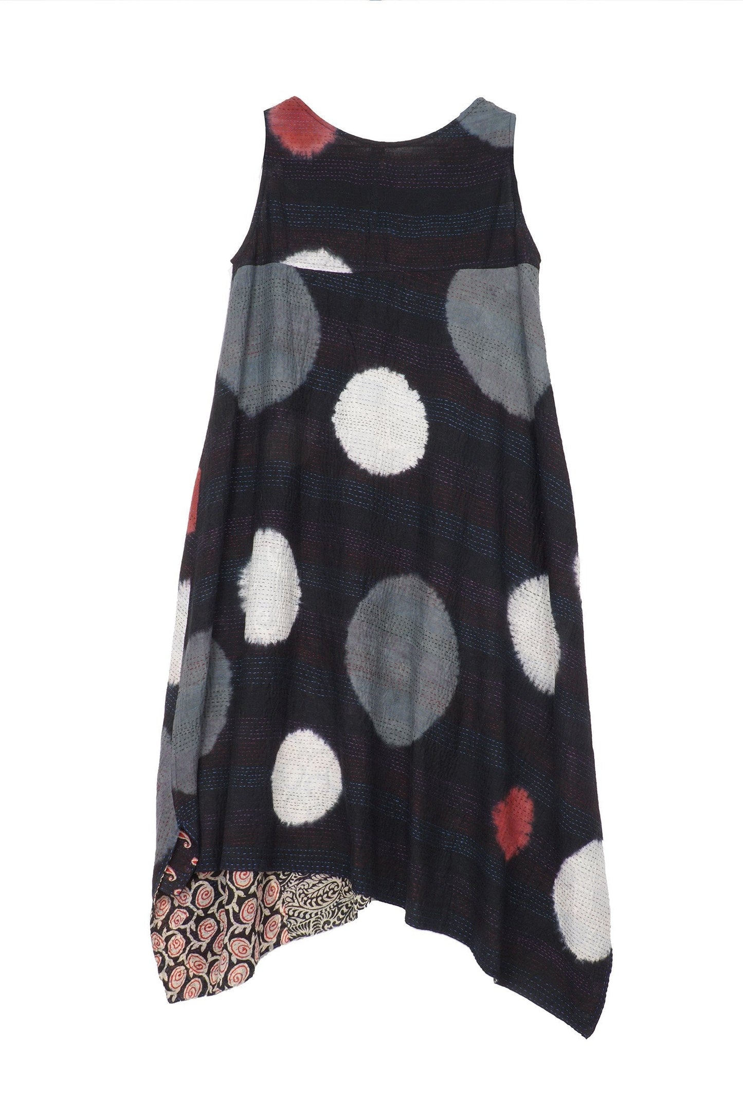 PATCH & CIRCLE PRINT KANTHA POINTY HEM DRESS - pc2415-blk -