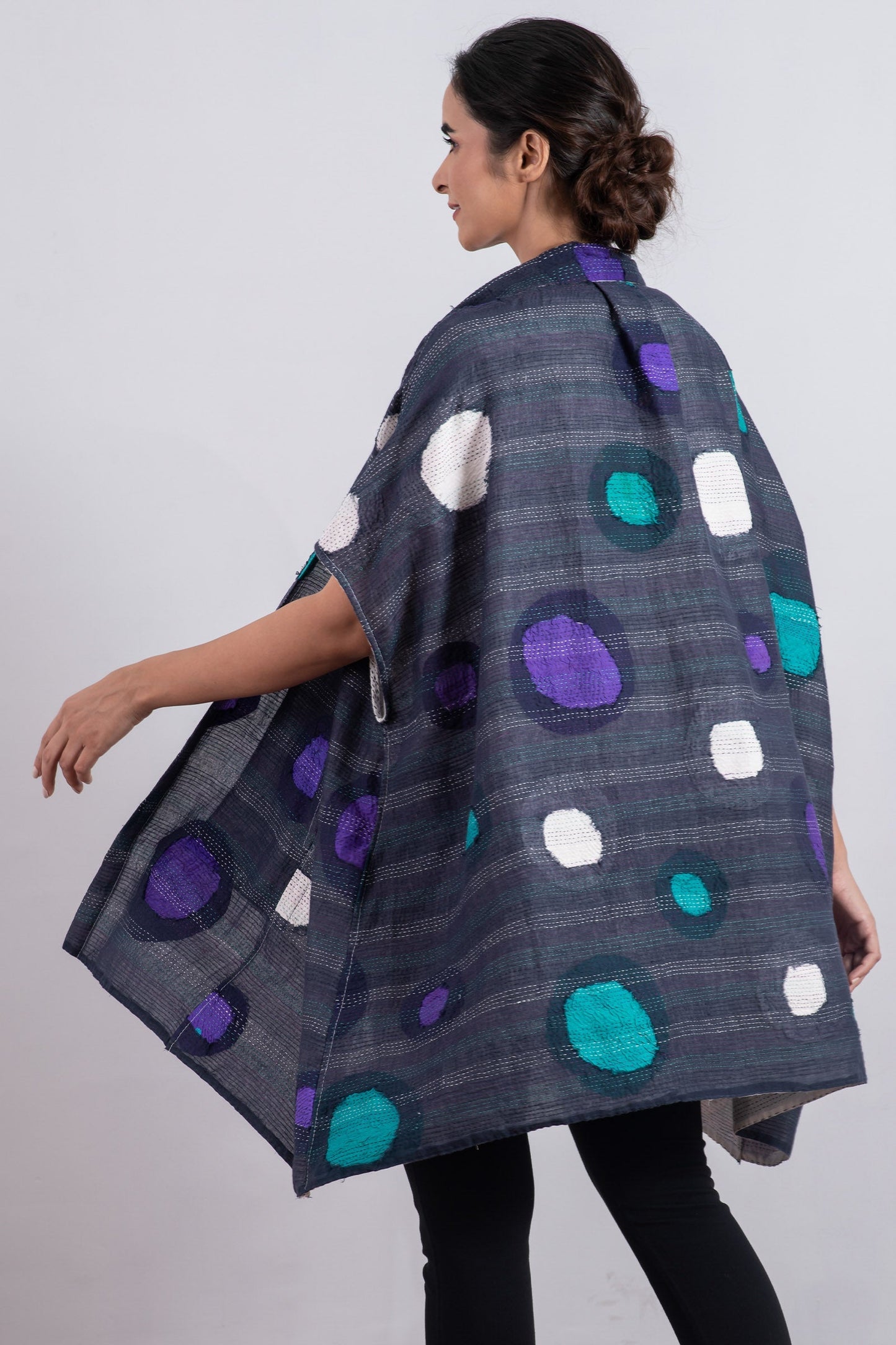 CUT OUT KANTHA SHIRT PONCHO - ck2545-blu -