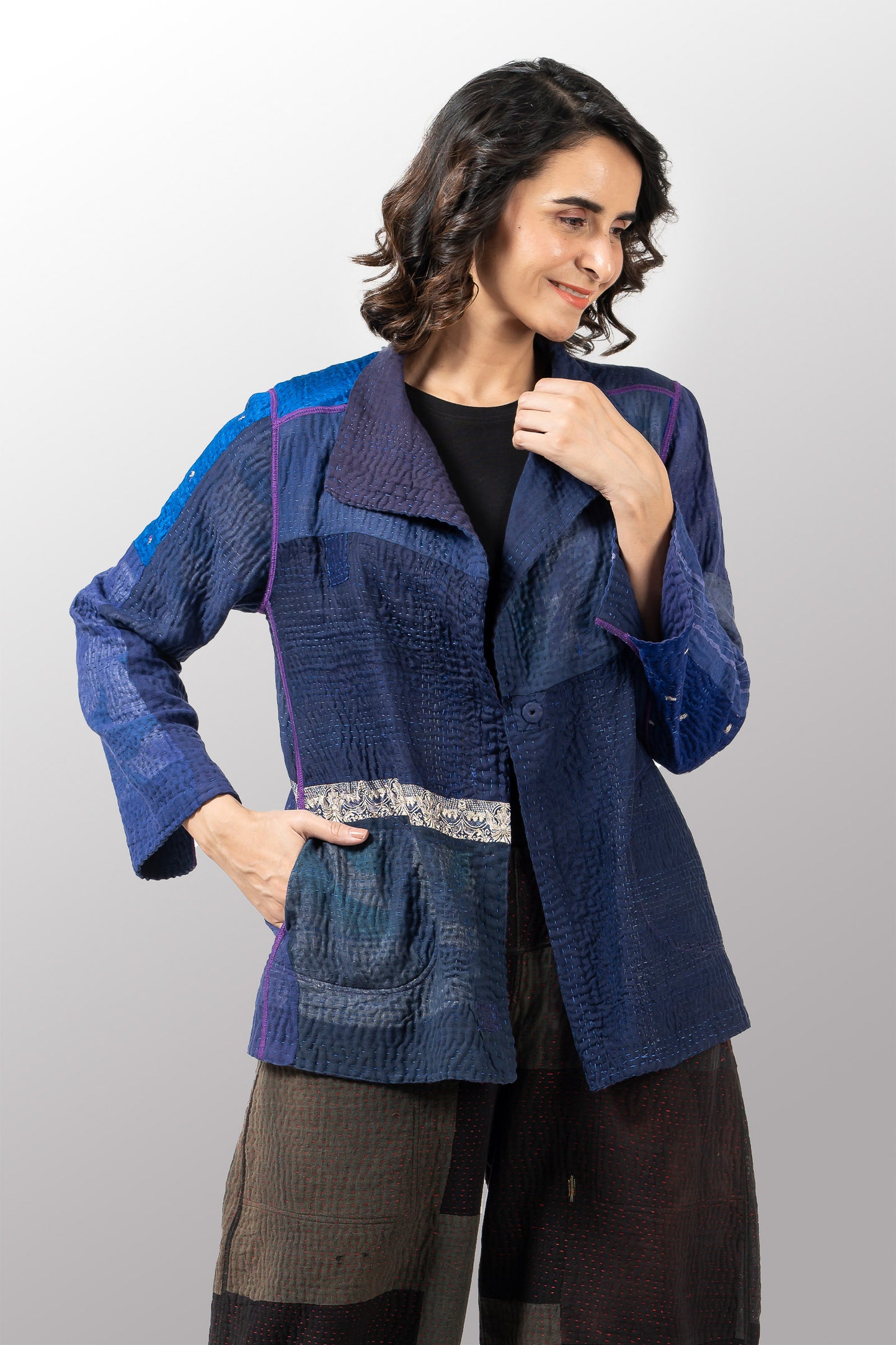 COTTON SILK SW PATCH KANTHA SHORT JKT - ws4007-nvy -