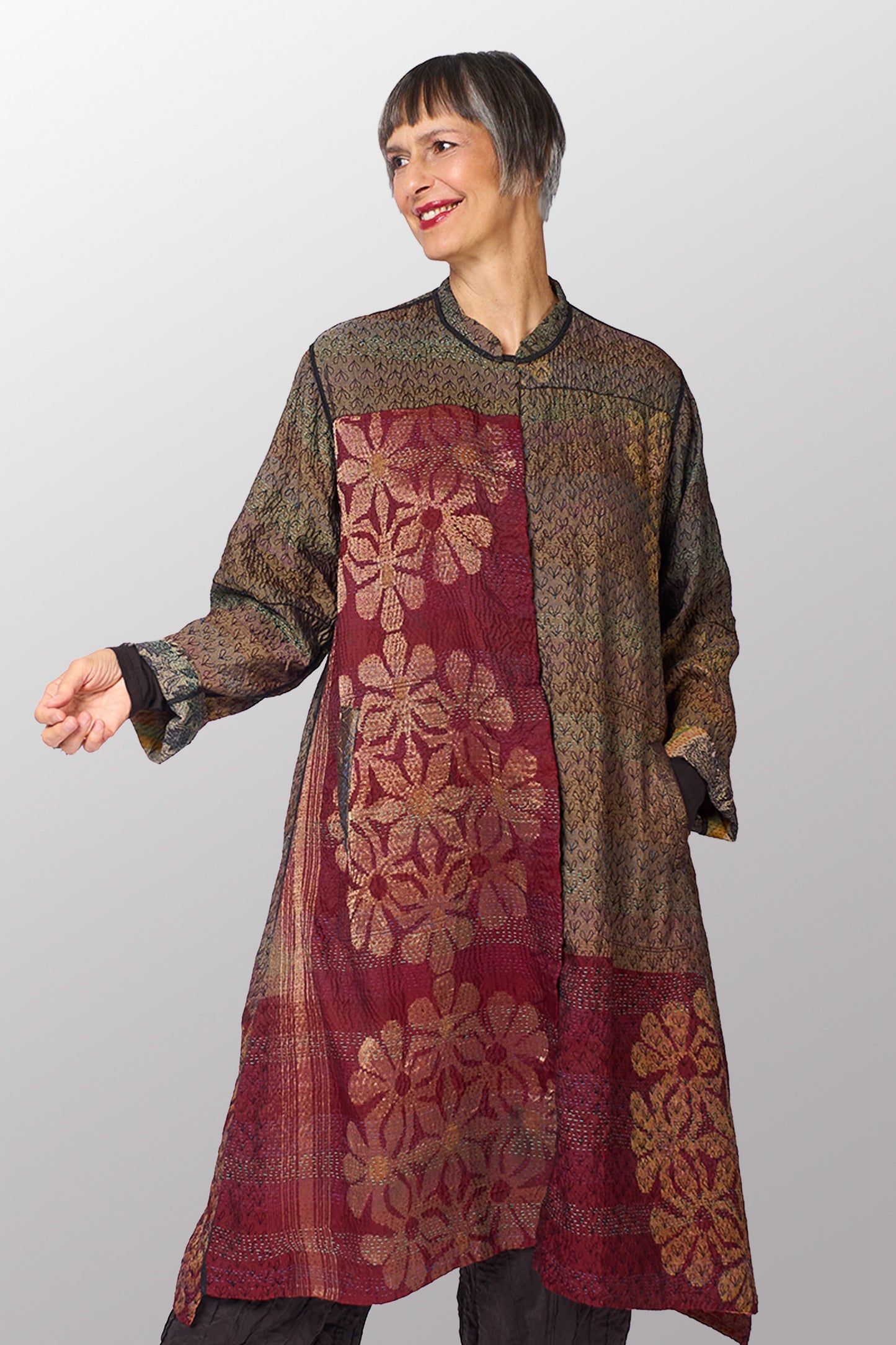GEORGETTE JACQUARD VINTAGE SILK PATCH KANTHA KAFTAN COAT - gj2343-0001m -
