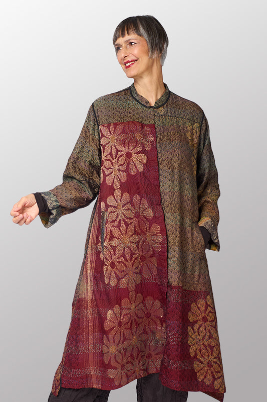 GEORGETTE JACQUARD VINTAGE SILK PATCH KANTHA KAFTAN COAT - gj2343-0001m -