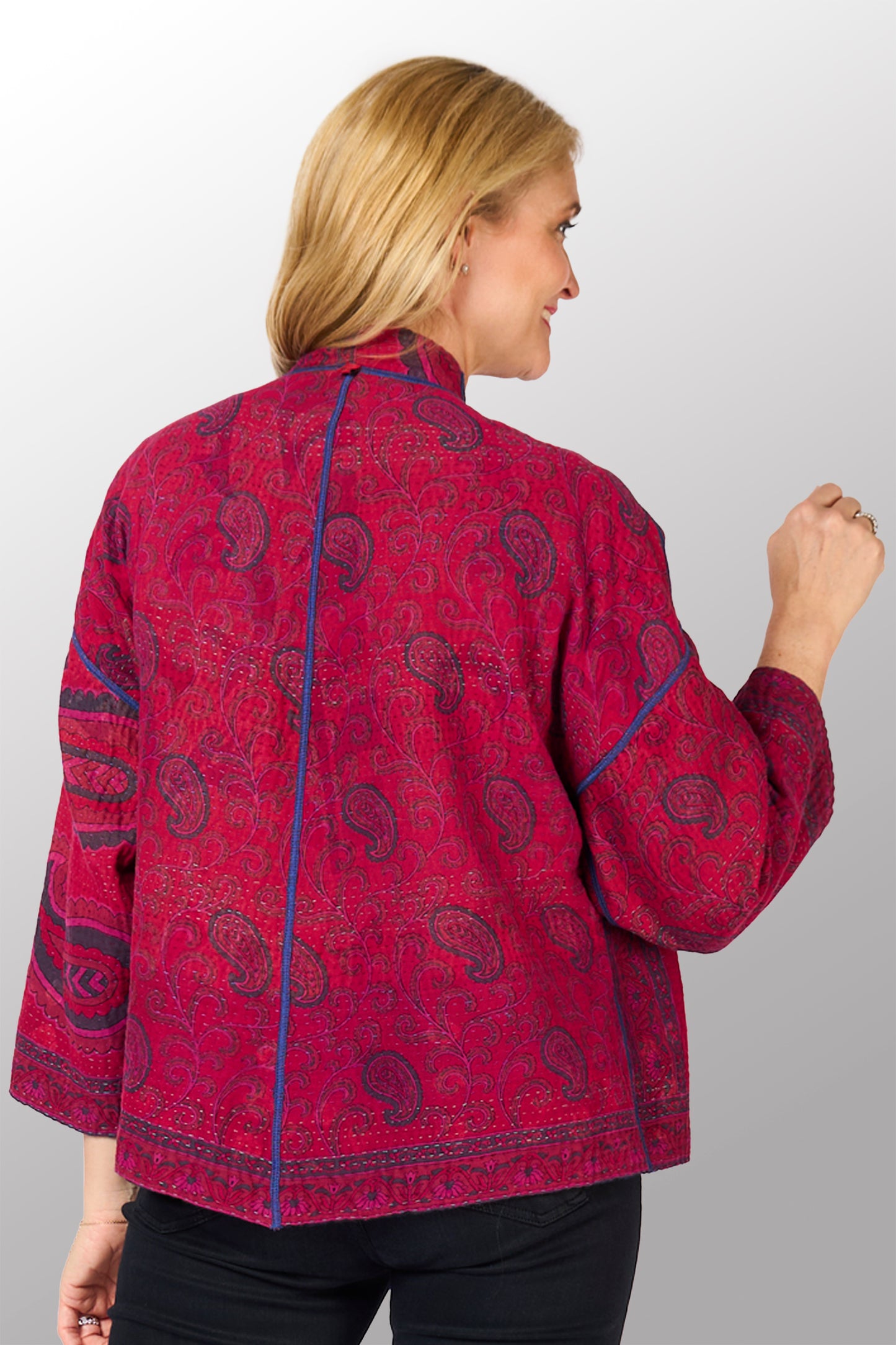 COTTON OVERDYE KANTHA STAND COLLAR CROPPED JKT - ov4034-cblu010a -