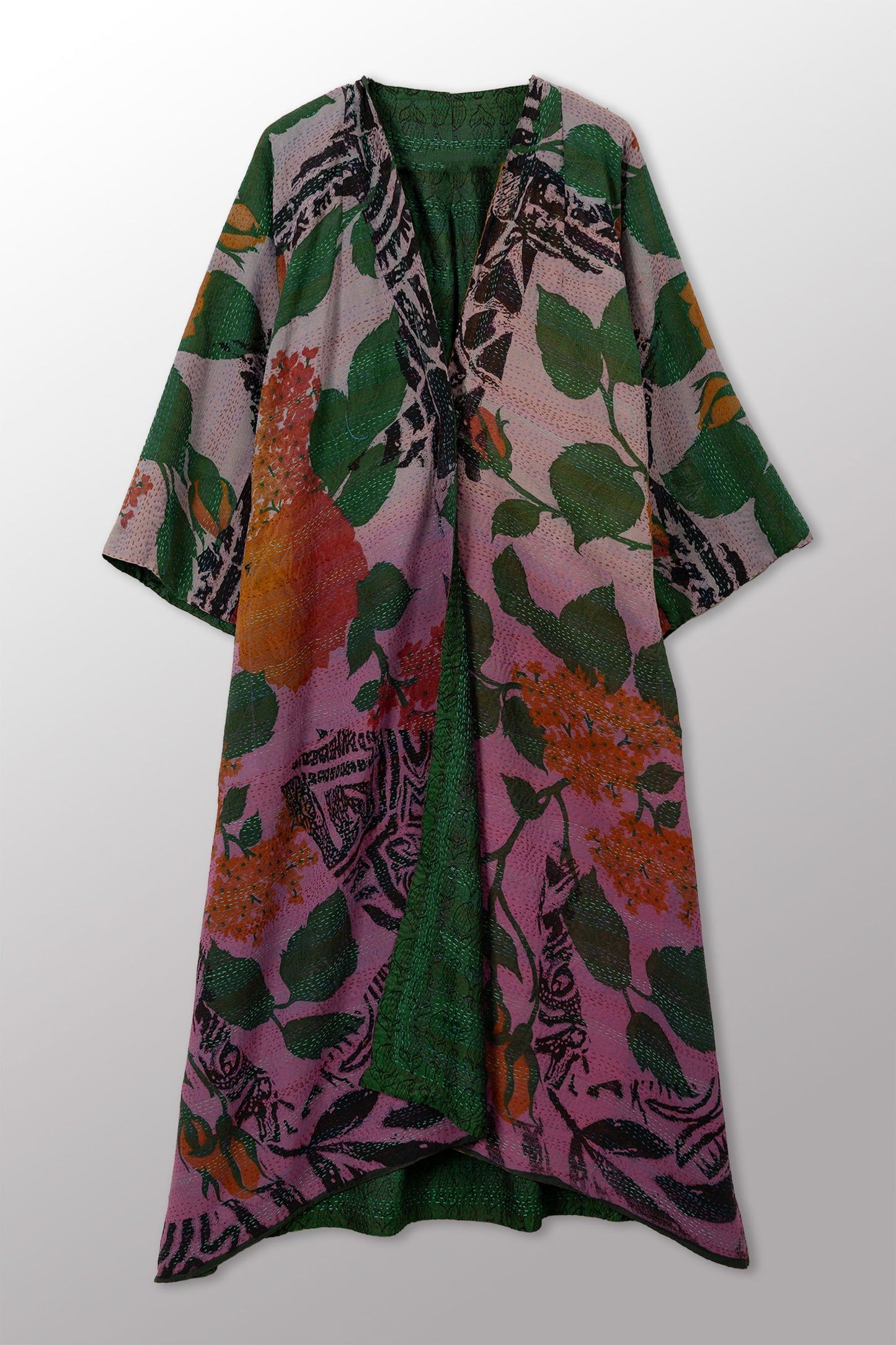 GEORGETTE JACQUARD VINTAGE SILK PATCH KANTHA KIMONO MAXI - gj2318-0001a -