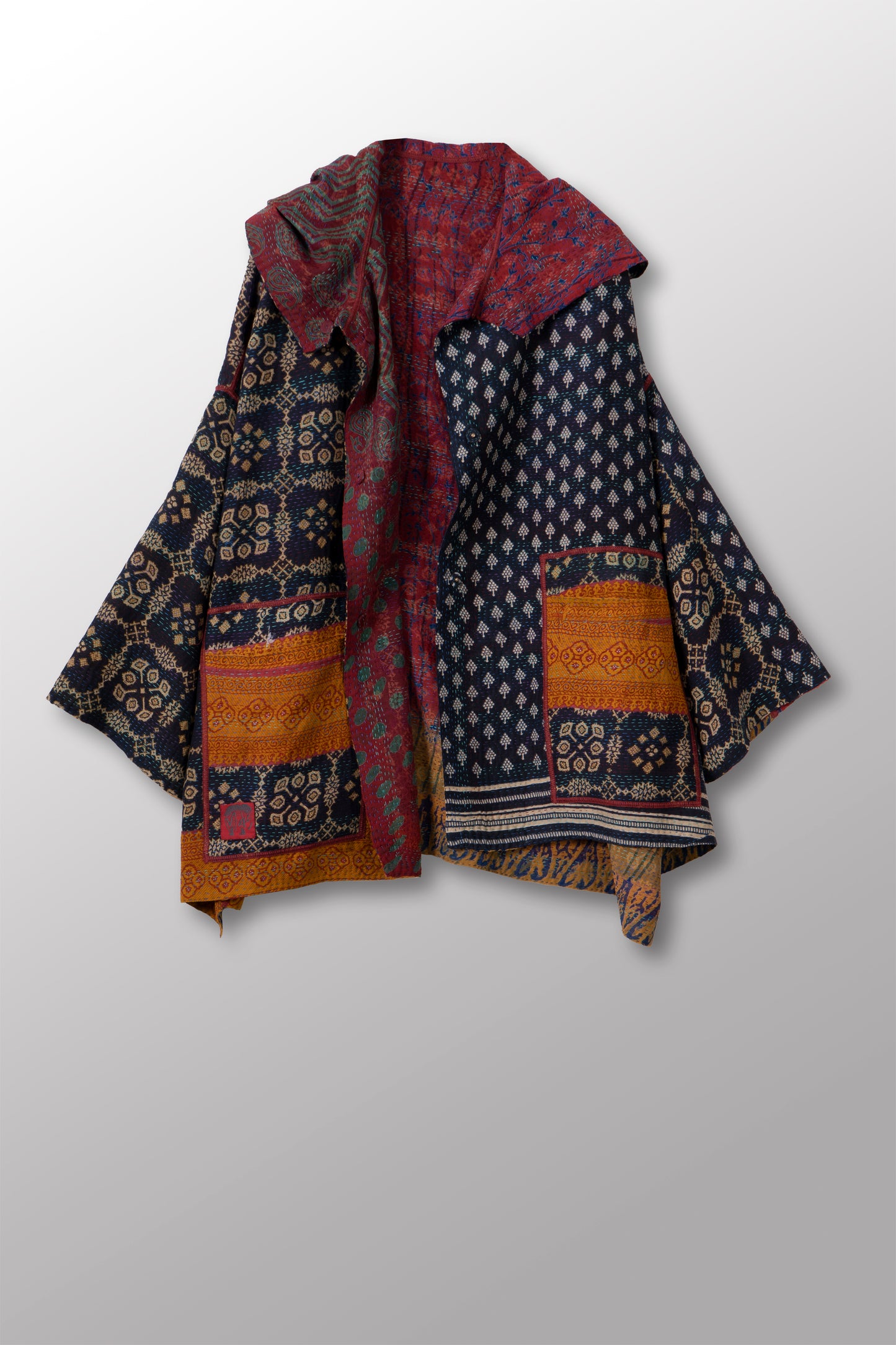 VINTAGE SILK GEORGETTE COTTON KANTHA HOODIE PONCHO - gc2064-0002a -