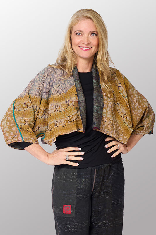 GEORGETTE JACQUARD VINTAGE SILK PATCH KANTHA PUFF SLV. SHRUG - gj2062-0001a -