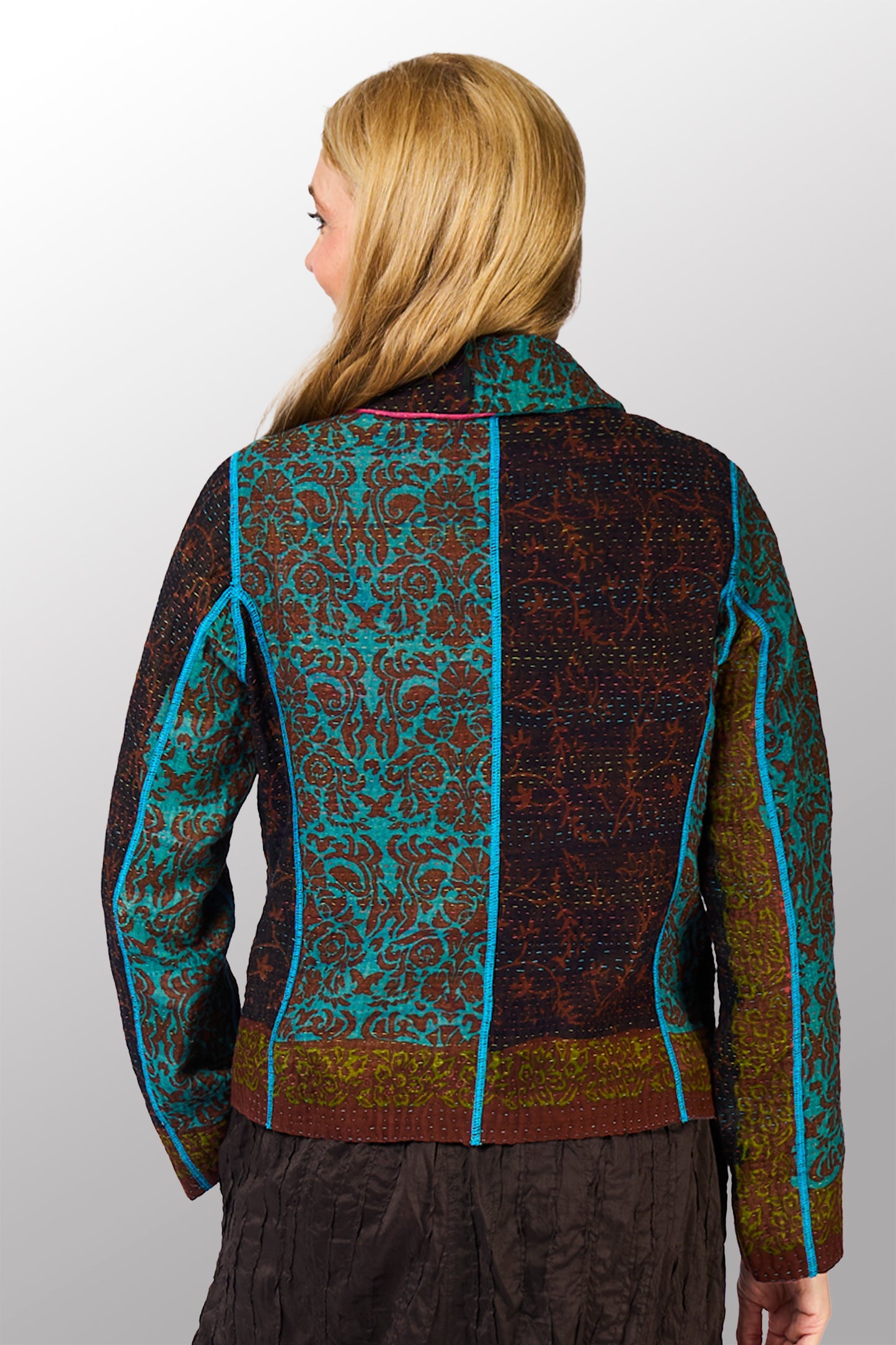 BAGH PRINT KANTHA CROPPED BASIC JACKET - bg4096-brn -