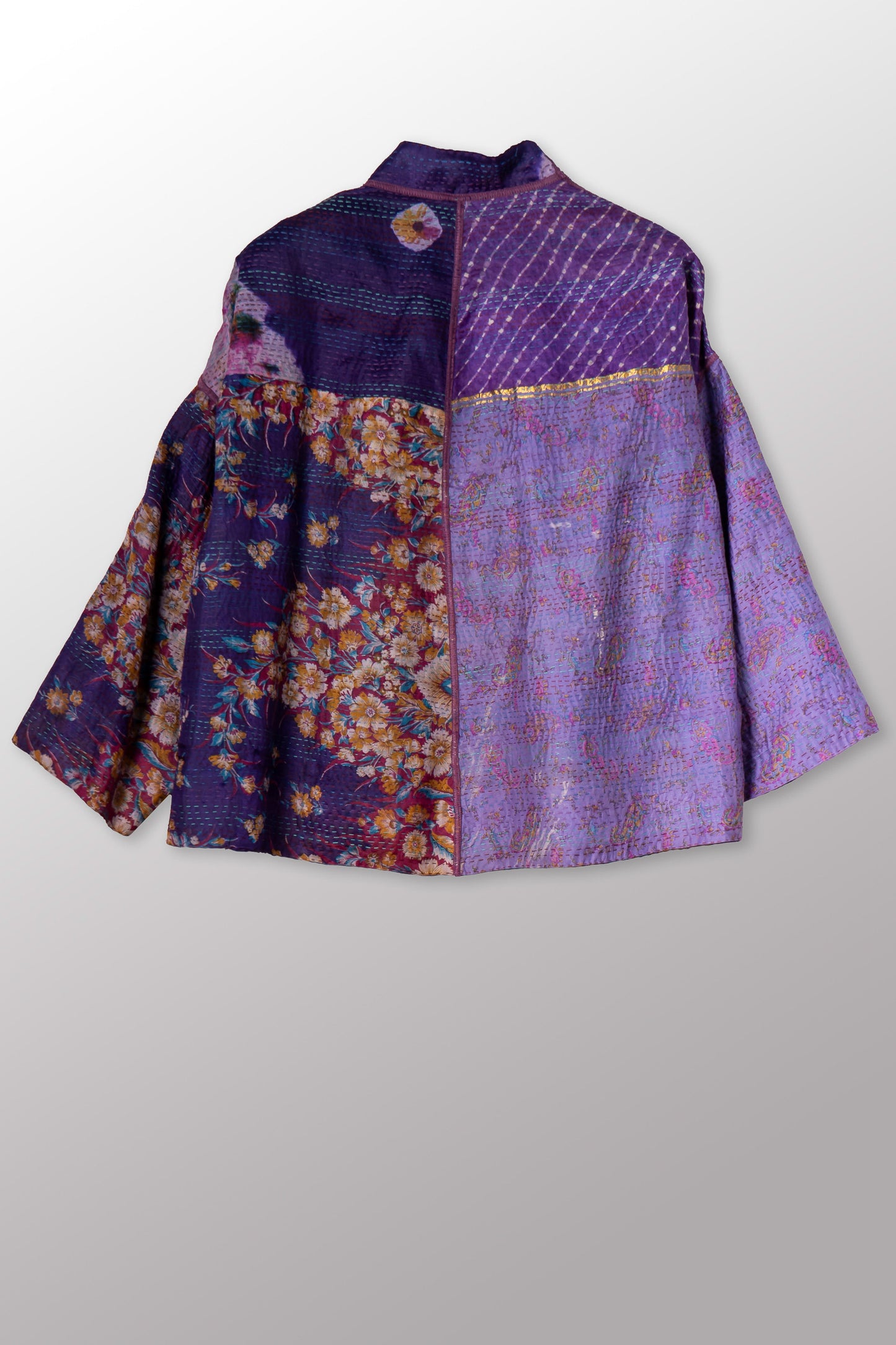 VINTAGE SILK KANTHA STAND COLLAR CROPPED JKT - sv2034-0015a -