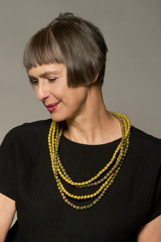 VINTAGE SILK KANTHA 2 STRAND NECKLACE - sv2733-ylw -