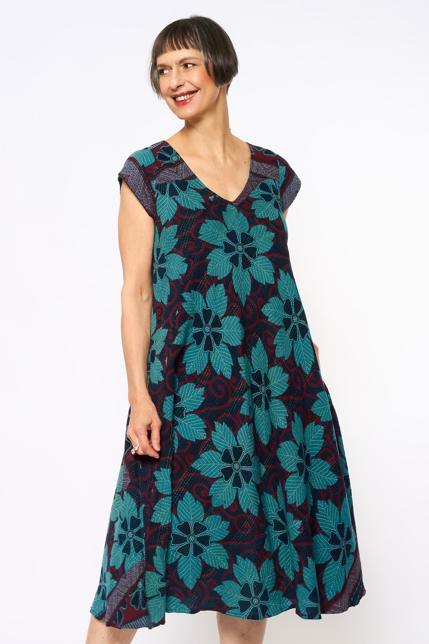 VINTAGE COTTON & NEW VOILE KANTHA CAP SLV. FLARE DRESS - cn2425-0007m -
