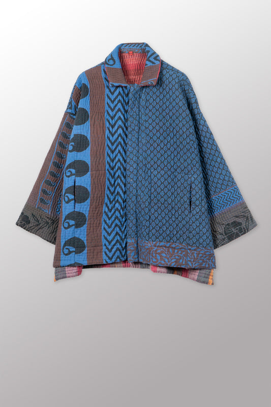 QUILTED OVERDYE COTTON KANTHA OVERSIZED MINI COAT - oq5332-cblu001a -
