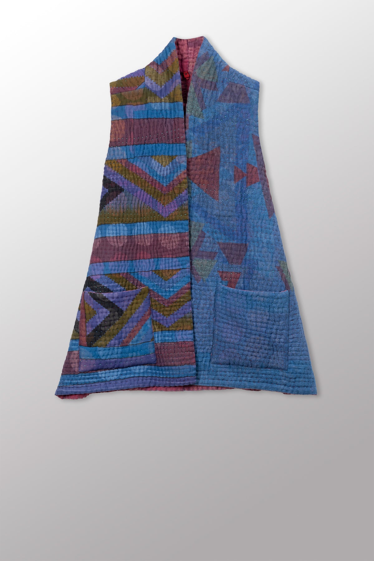 QUILTED OVERDYE COTTON KANTHA KIMONO VEST SHORT - oq5248-cblu002m -