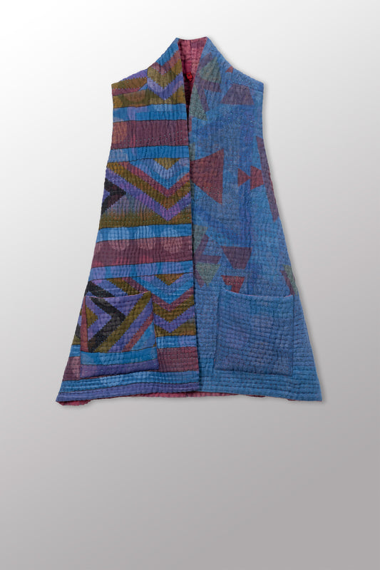 QUILTED OVERDYE COTTON KANTHA KIMONO VEST SHORT - oq5248-cblu002m -