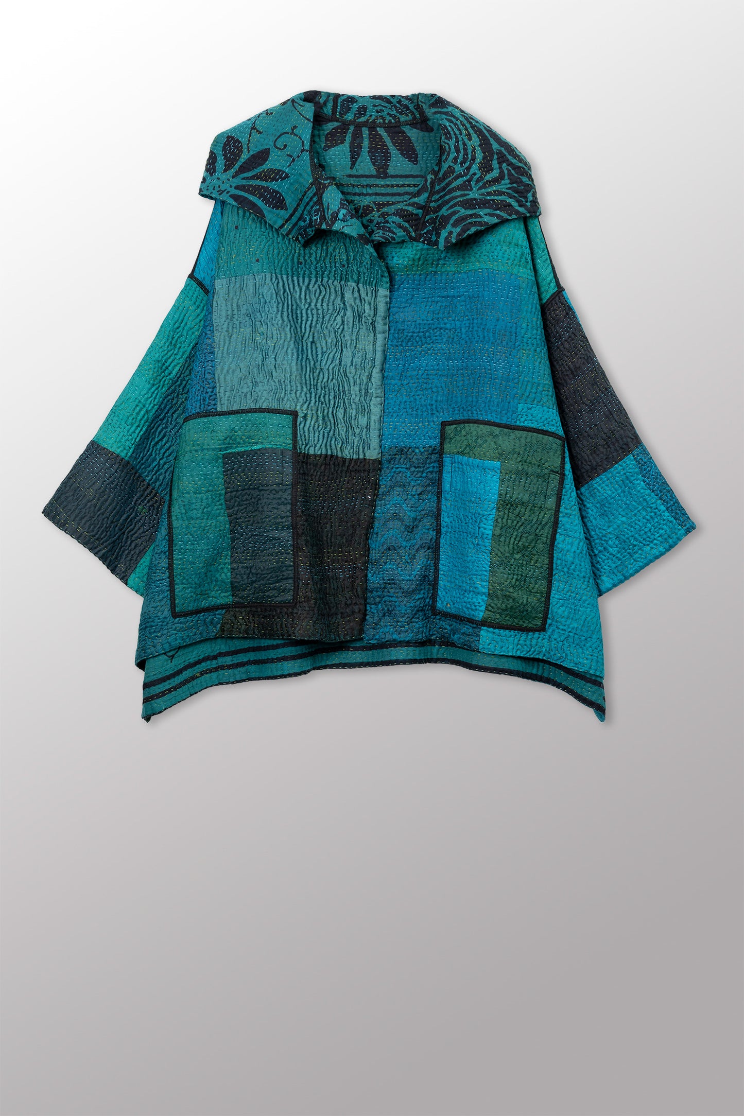 EMERALD GREEN KANTHA HOODIE PONCHO - eg4064-tel -