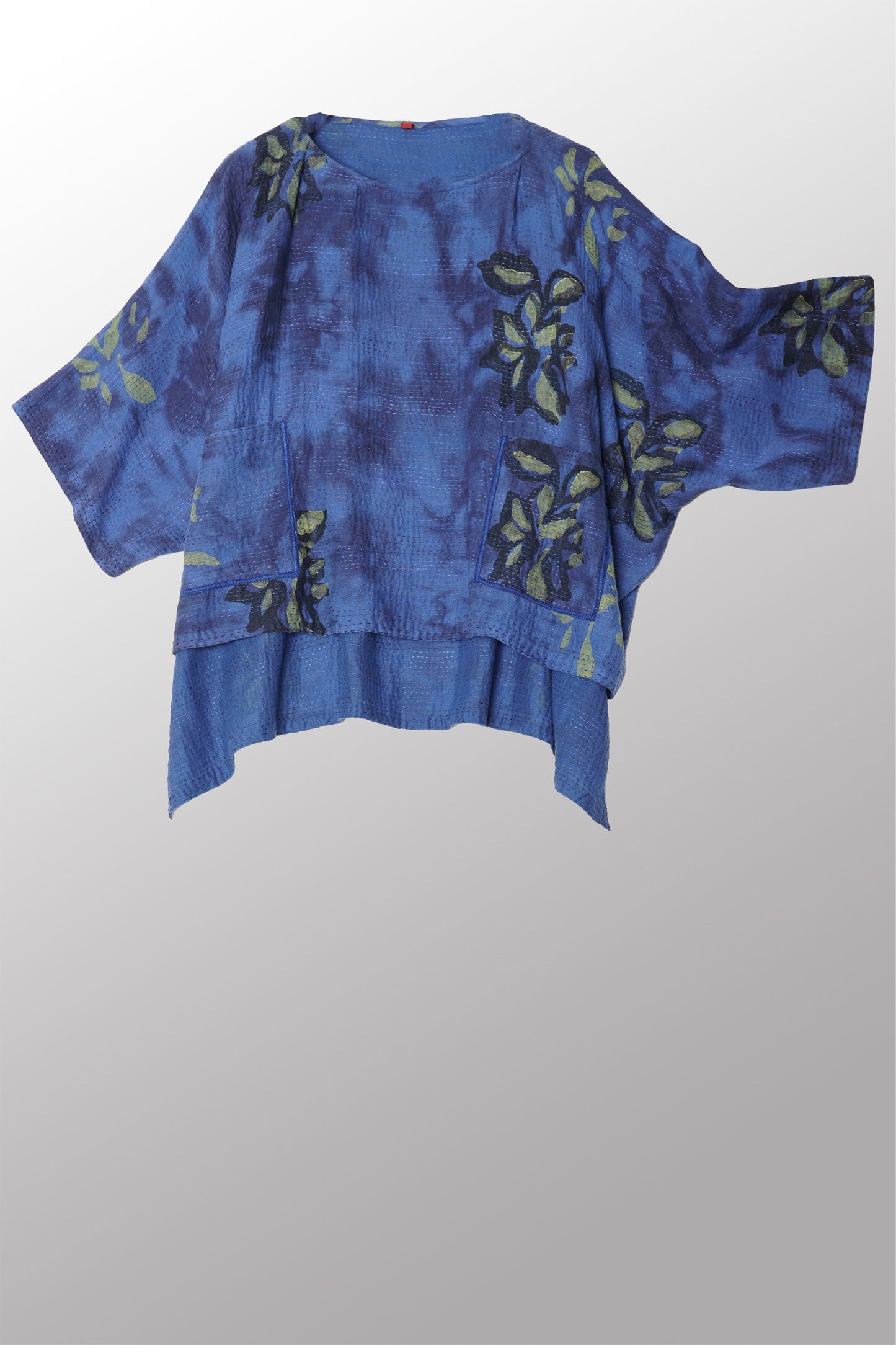 CLOUD TIE DYE FLORAL KANTHA CROPPED BOAT NECK DOLMAN TOP - uf2t105-blu -