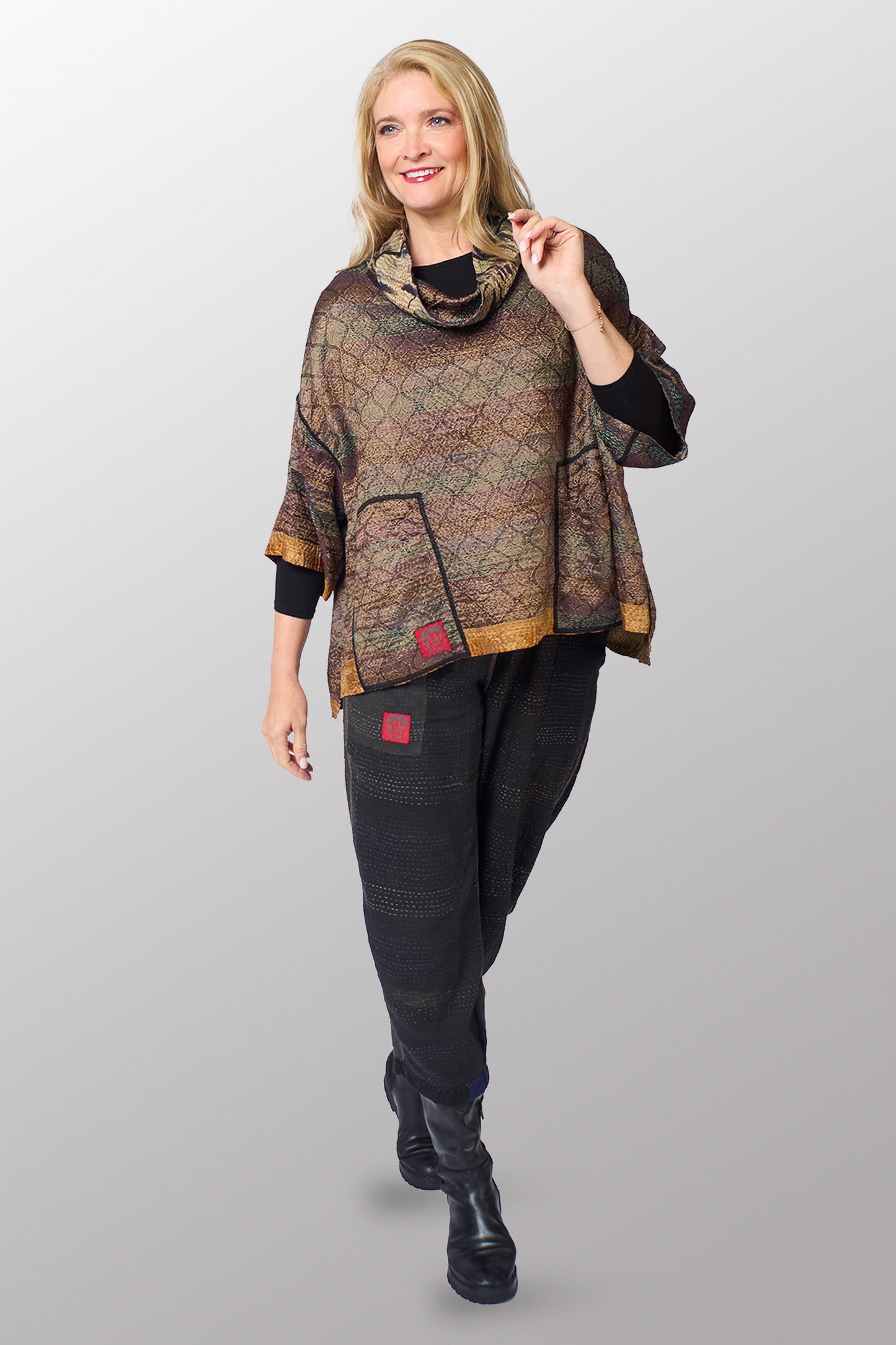 GEORGETTE JACQUARD VINTAGE SILK PATCH KANTHA COWL NECK PONCHO - gj2061-0001a -