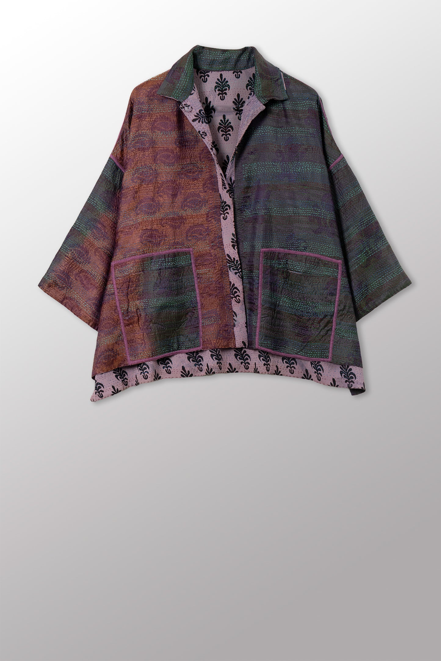 GEORGETTE JACQUARD VINTAGE SILK PATCH KANTHA CROPPED TENT SHIRT - gj2596-0001a -