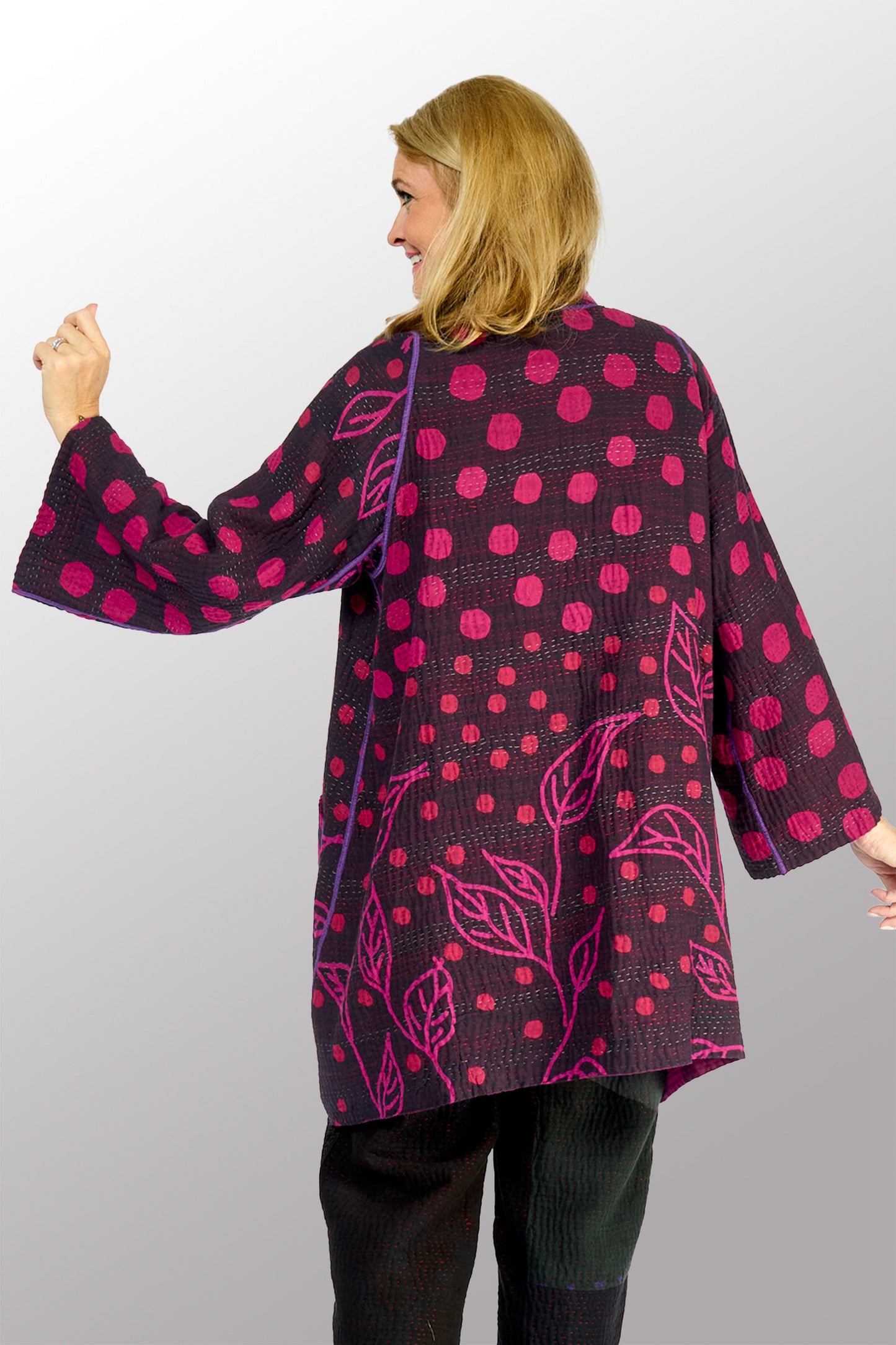 OVERDYED POLKA DOTS & LEAVES KANTHA A-LINE JACKET - dl4003-fus -